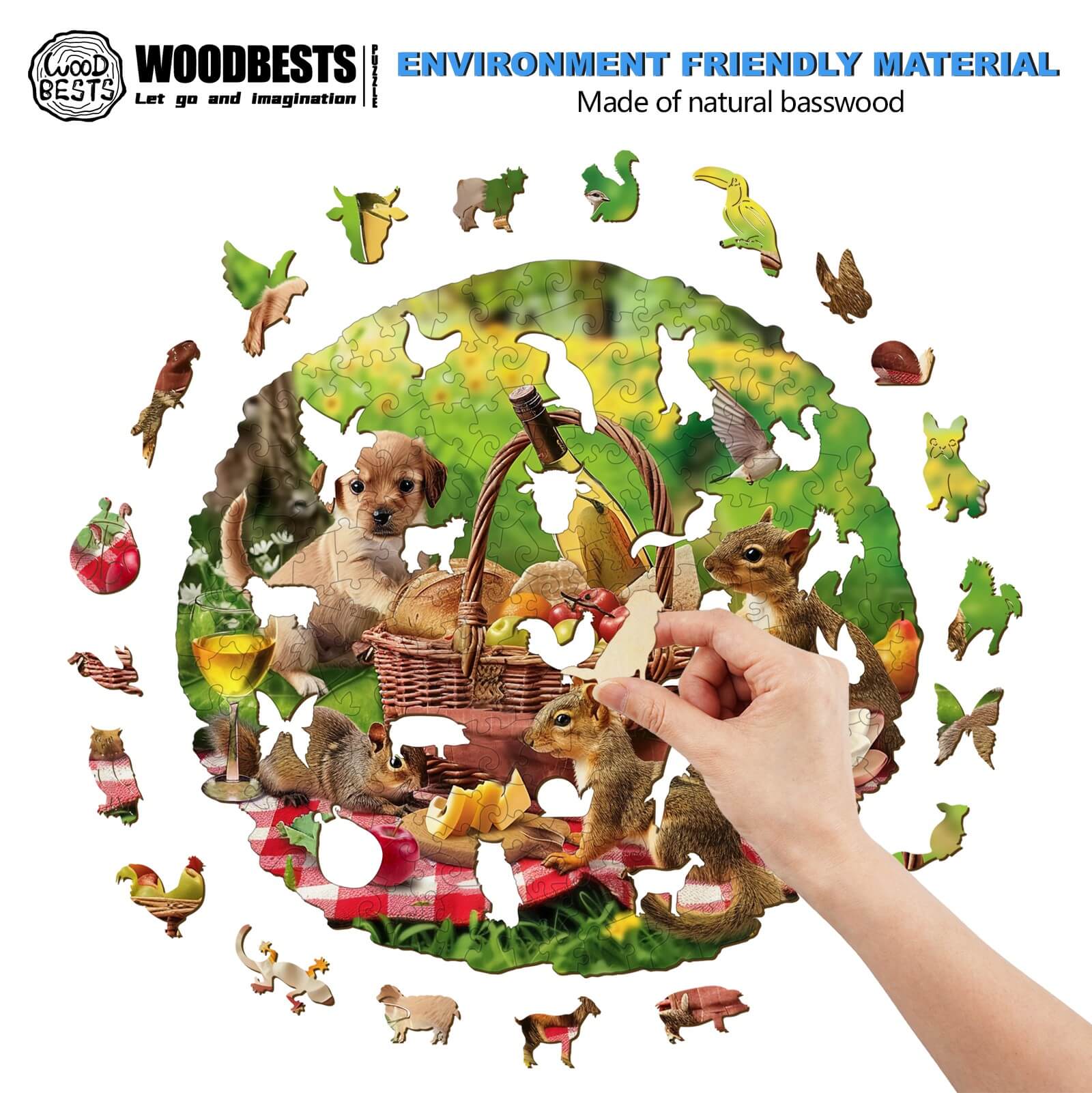 Child's hand assembling an Animal Picnic wooden jigsaw puzzle featuring cute animals and vibrant colors.