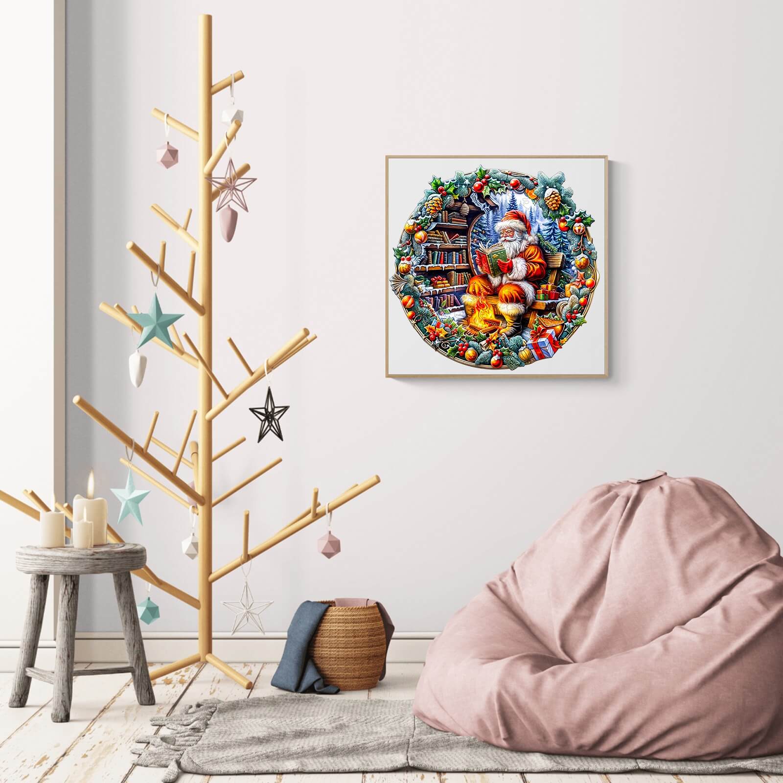 Santa's Rest wooden jigsaw puzzle displayed in a cozy holiday-themed room with a minimalist decor.