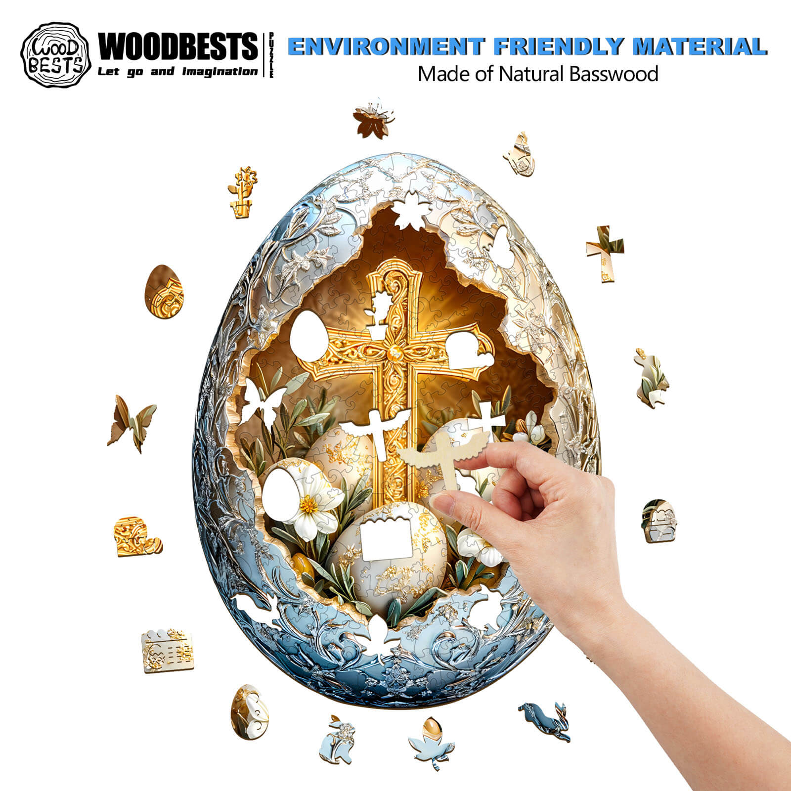 Person assembling the Wonderland Easter-1 wooden jigsaw puzzle made of natural basswood, showcasing intricate designs.