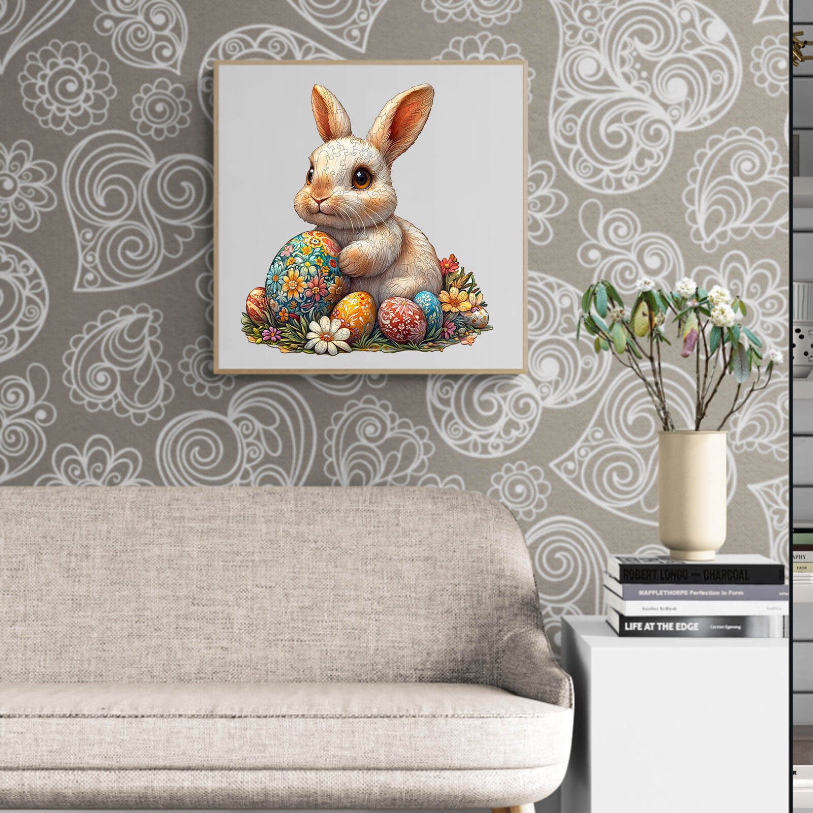 3D Wonderful Easter Bunny Jigsaw Puzzle featuring a fluffy bunny with colorful eggs and flowers, perfect for spring decor.