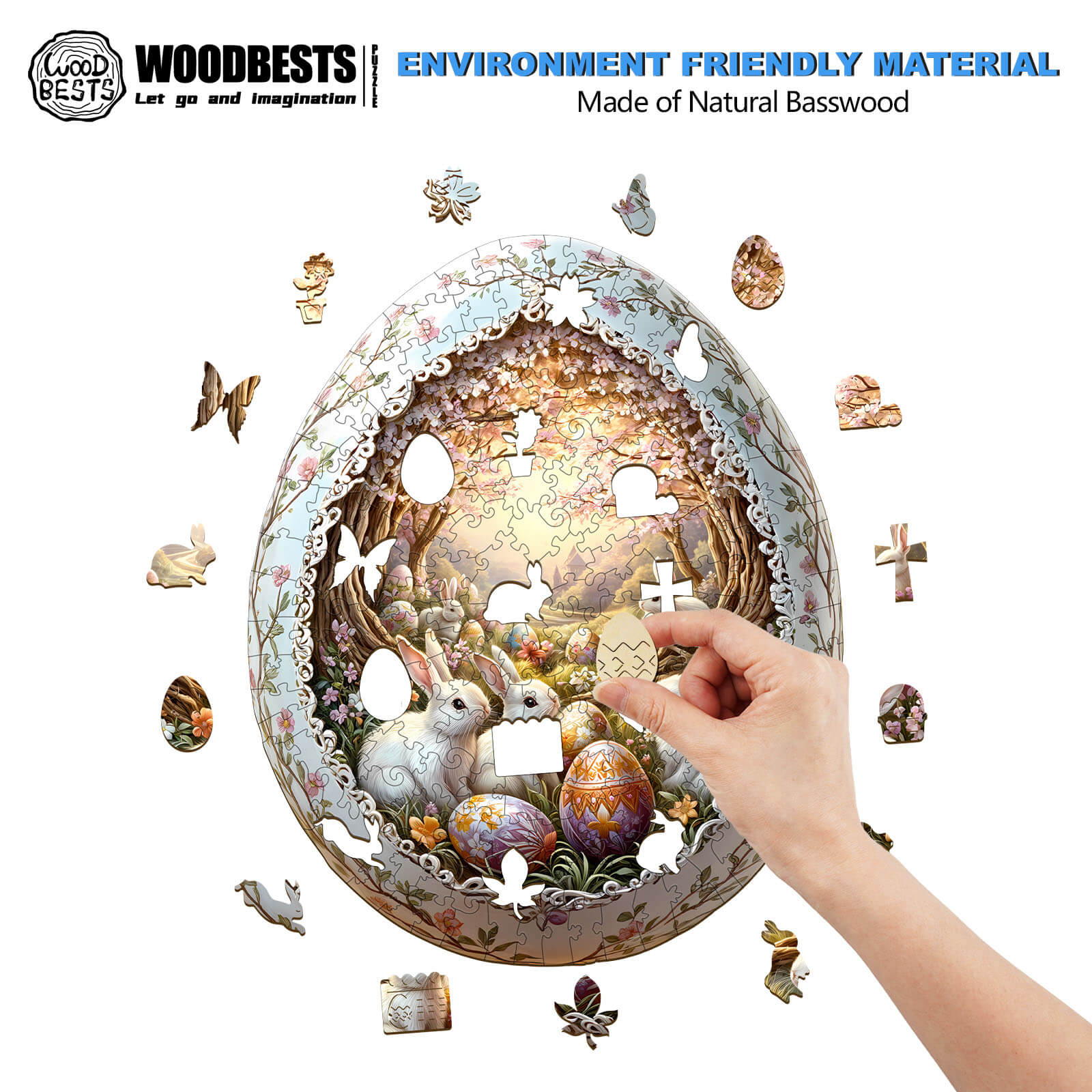 Person assembling the Wonderland Easter-6 wooden jigsaw puzzle made of natural basswood.