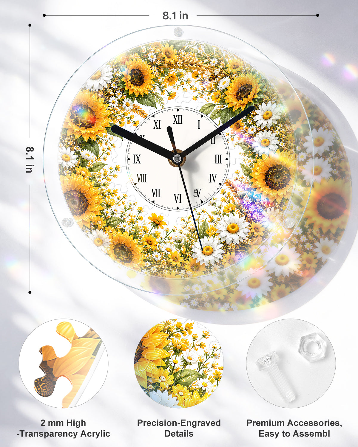 DIY Acrylpuzzle-Uhr Bausatz - Goldenes Sonnenblumenfeld