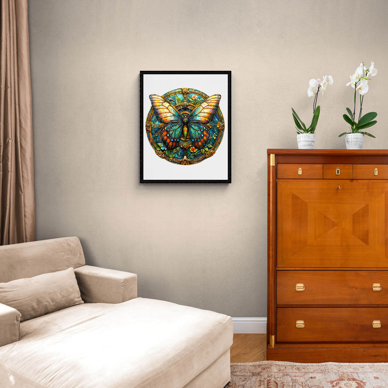 Framed vintage butterfly artwork in a cozy living room setting with a wooden cabinet and elegant decor.