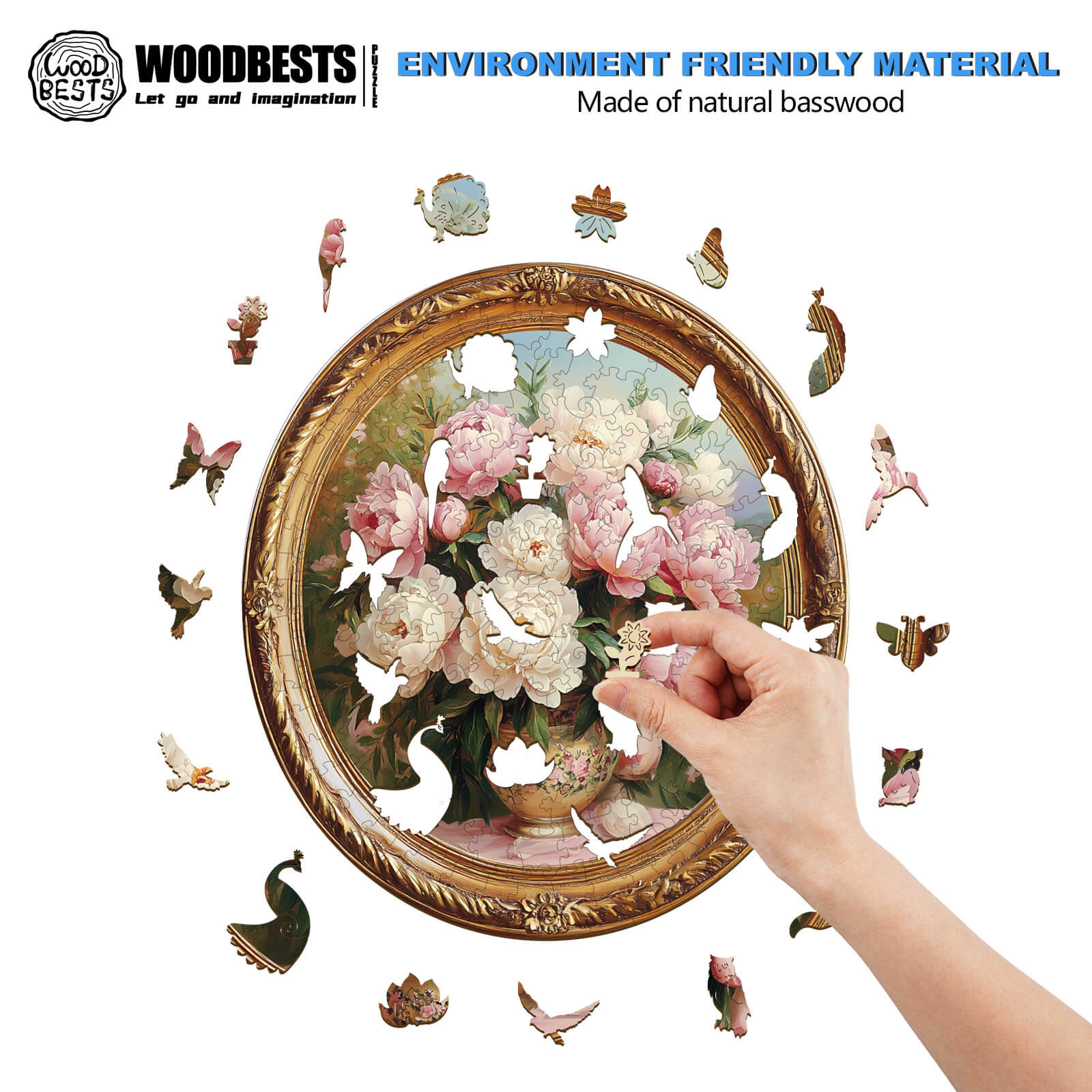 Person assembling a 3D wooden jigsaw puzzle of a flower painting with butterflies, made from eco-friendly basswood.