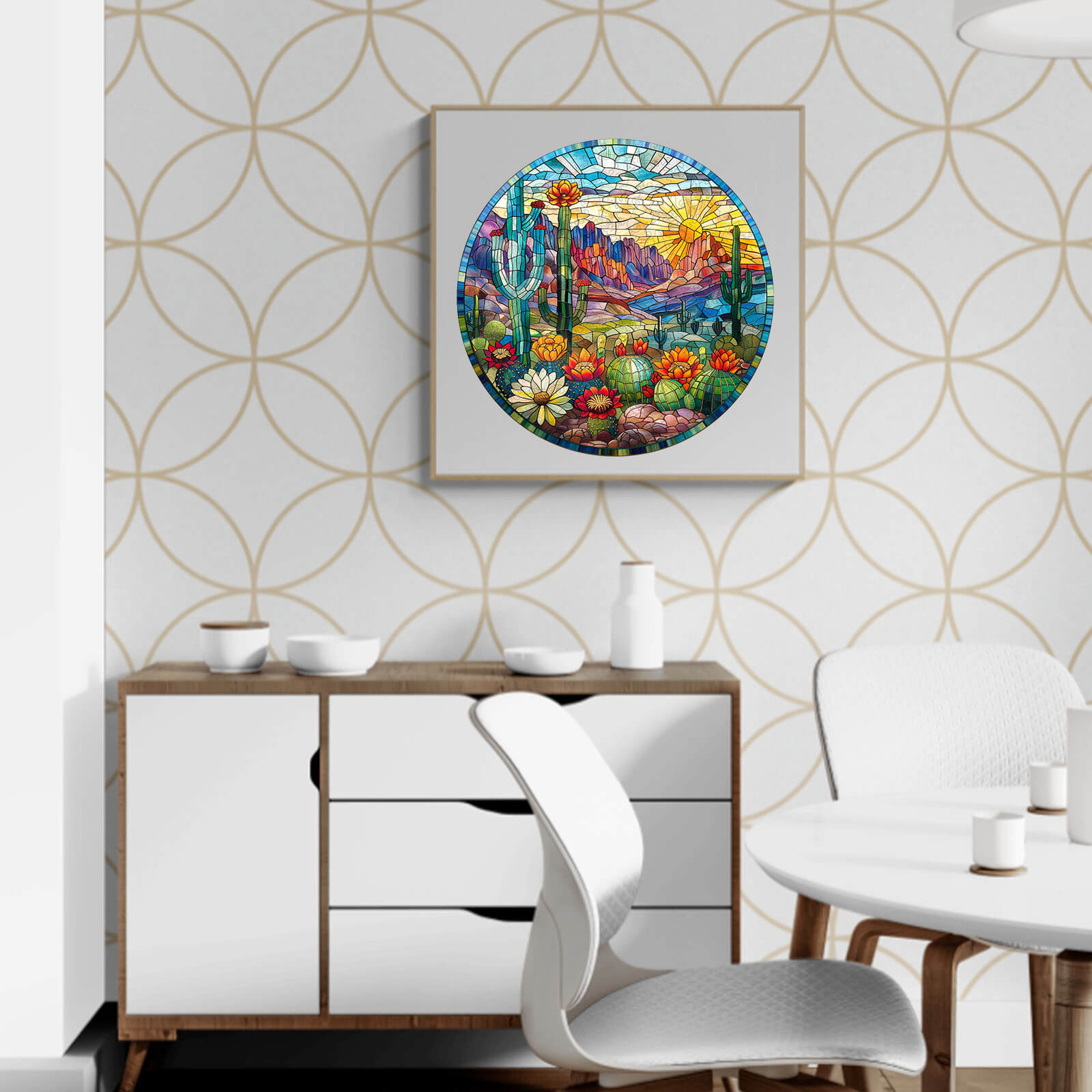 Colorful stained glass cactus artwork in a modern dining room setting with white furniture.