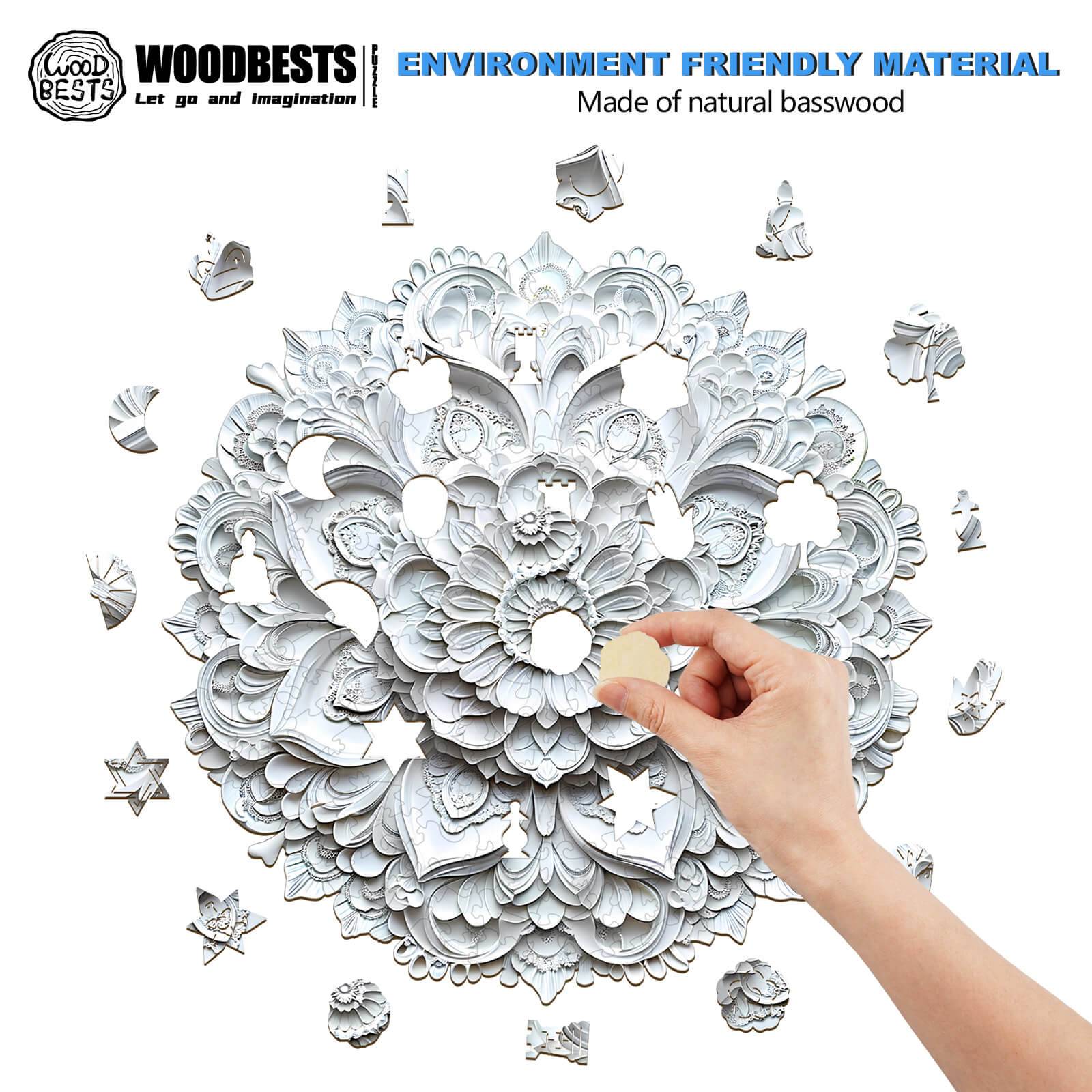 Hand placing a piece in the 3D Paper Mandala-2 wooden jigsaw puzzle made of natural basswood.