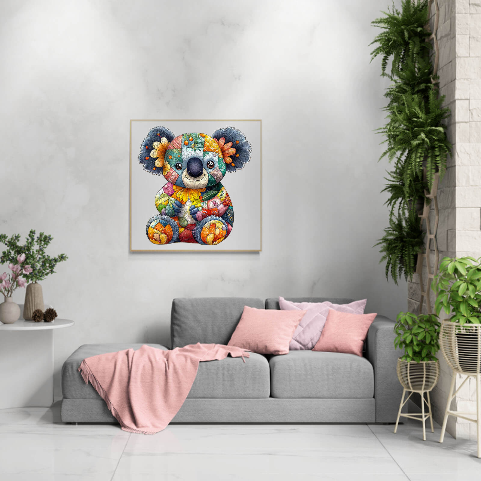 Colorful Patchwork Koala wooden jigsaw puzzle displayed in a cozy living room setting with modern decor.