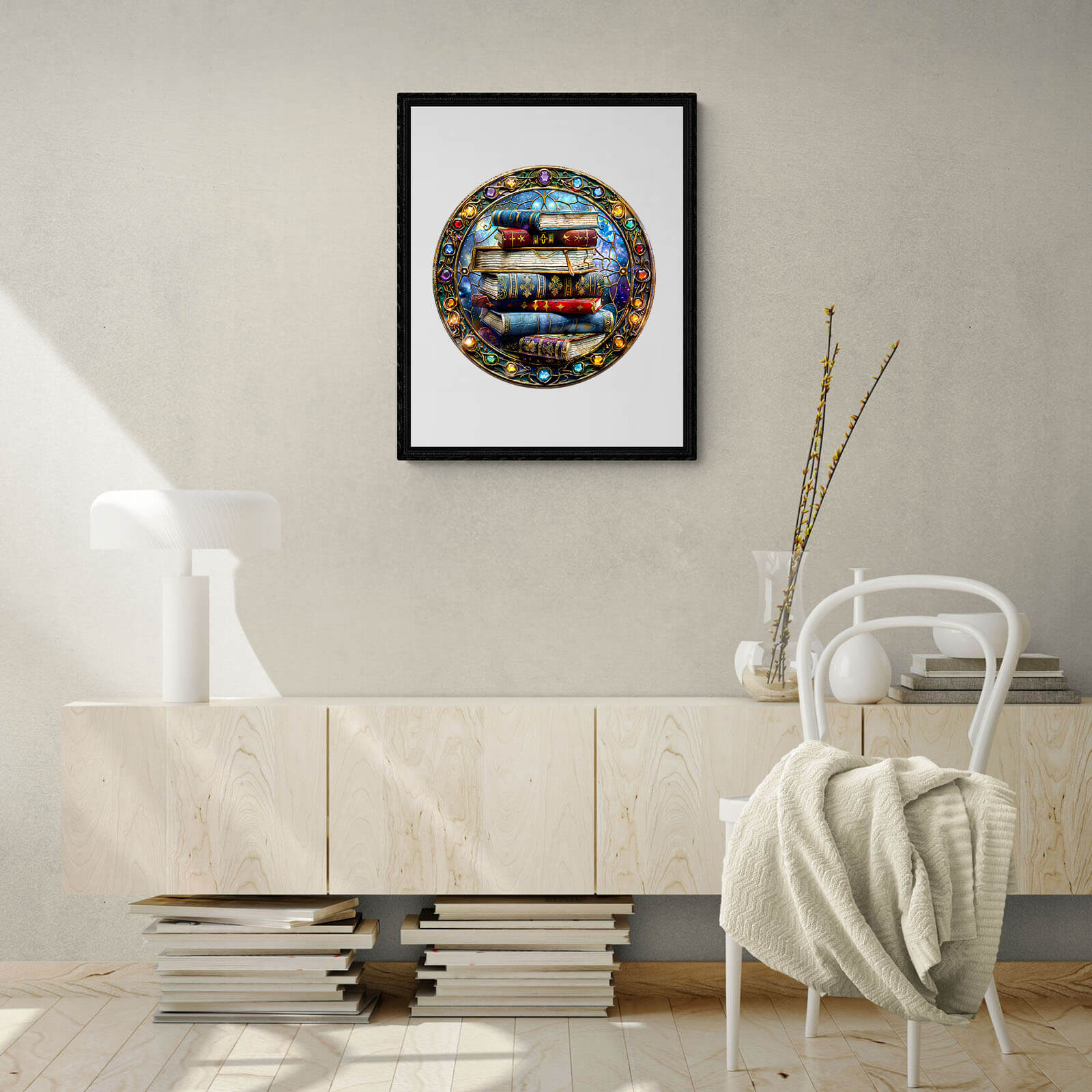 Colorful circular wall art featuring boats and intricate patterns, displayed in a modern home interior with minimal decor.