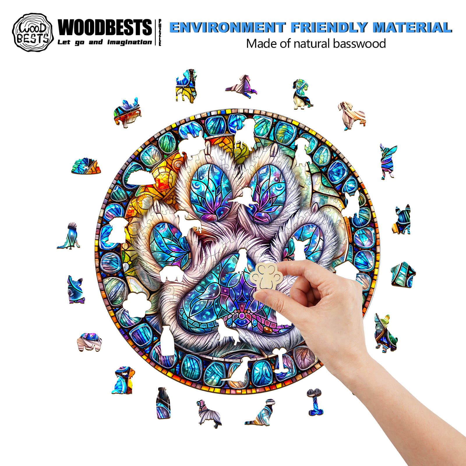 Hand assembling a stained glass paw prints wooden jigsaw puzzle made from natural basswood, colorful and eco-friendly.