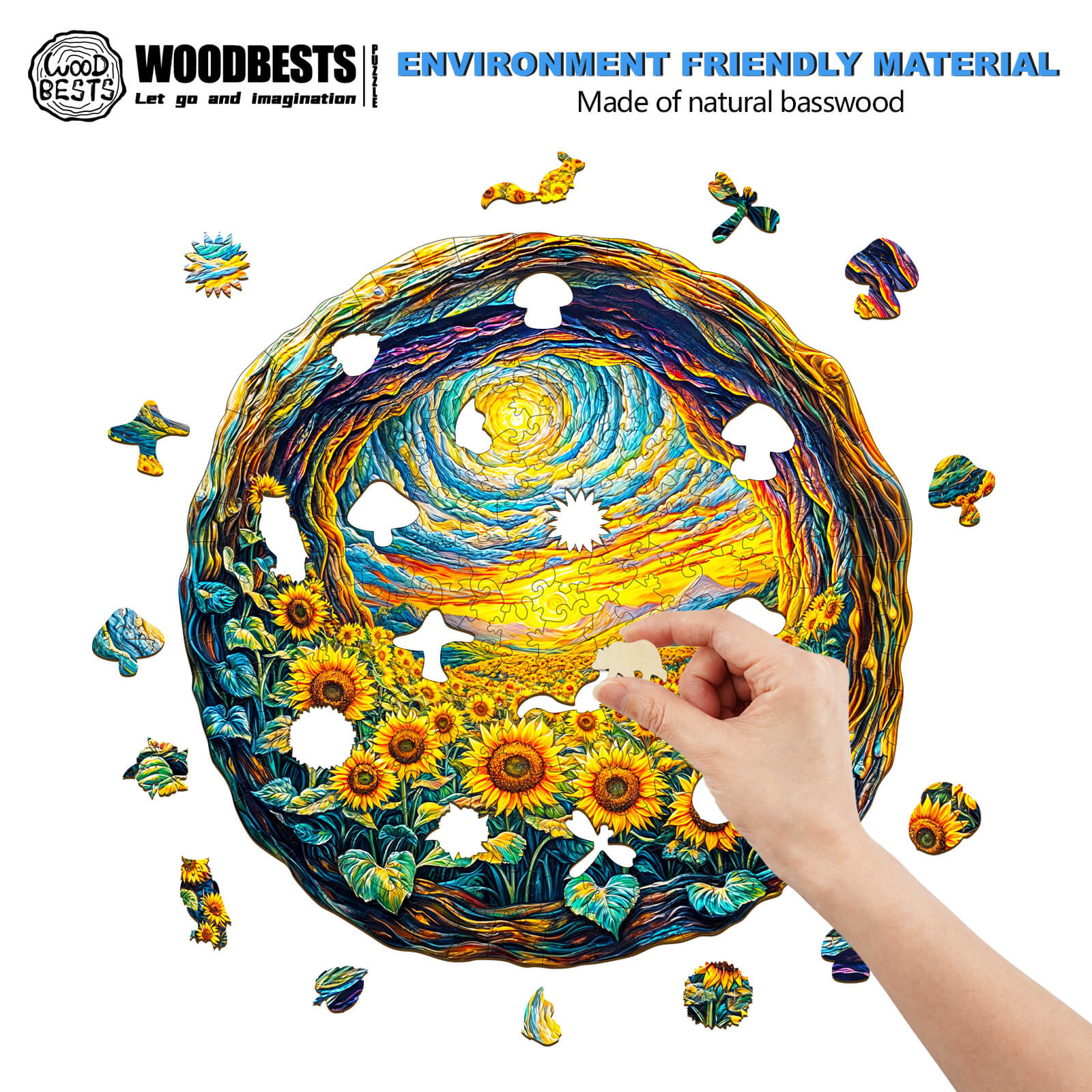 A hand placing a piece in a 3D wooden jigsaw puzzle of sunlit fields, showcasing vibrant colors and intricate design.
