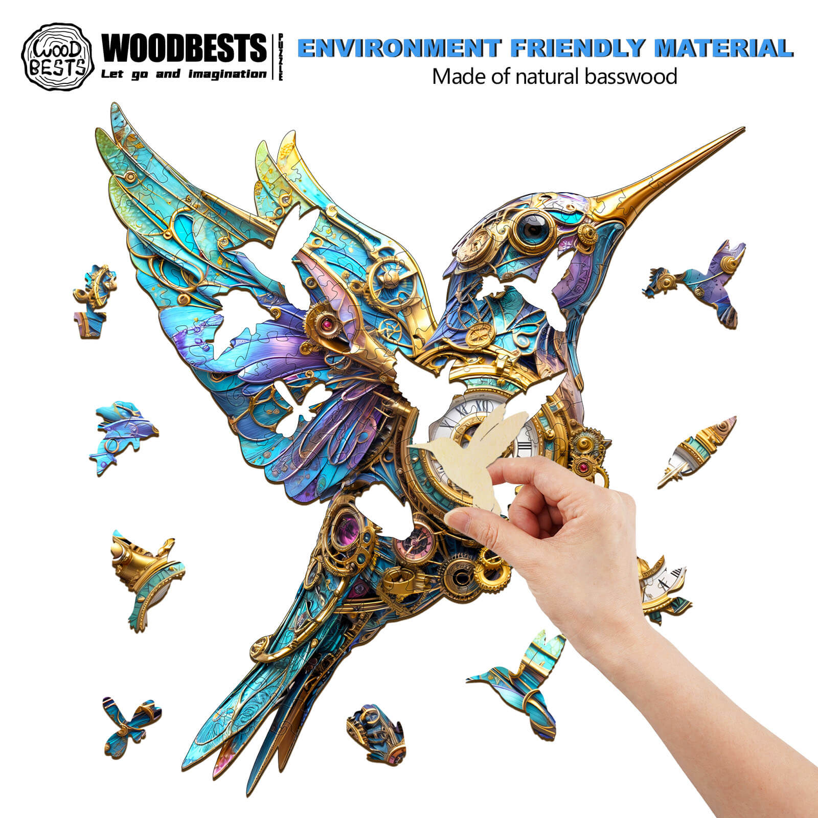 3D Mechanical Hummingbird wooden jigsaw puzzle being assembled; eco-friendly natural basswood material.