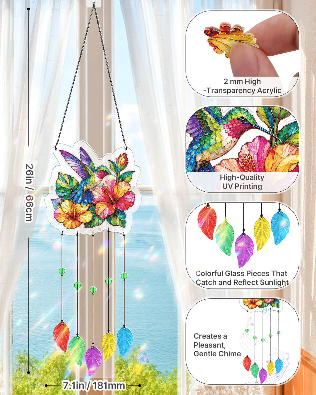 Acrylic Puzzle Suncatcher Wind Chime - Hummingbird Garden