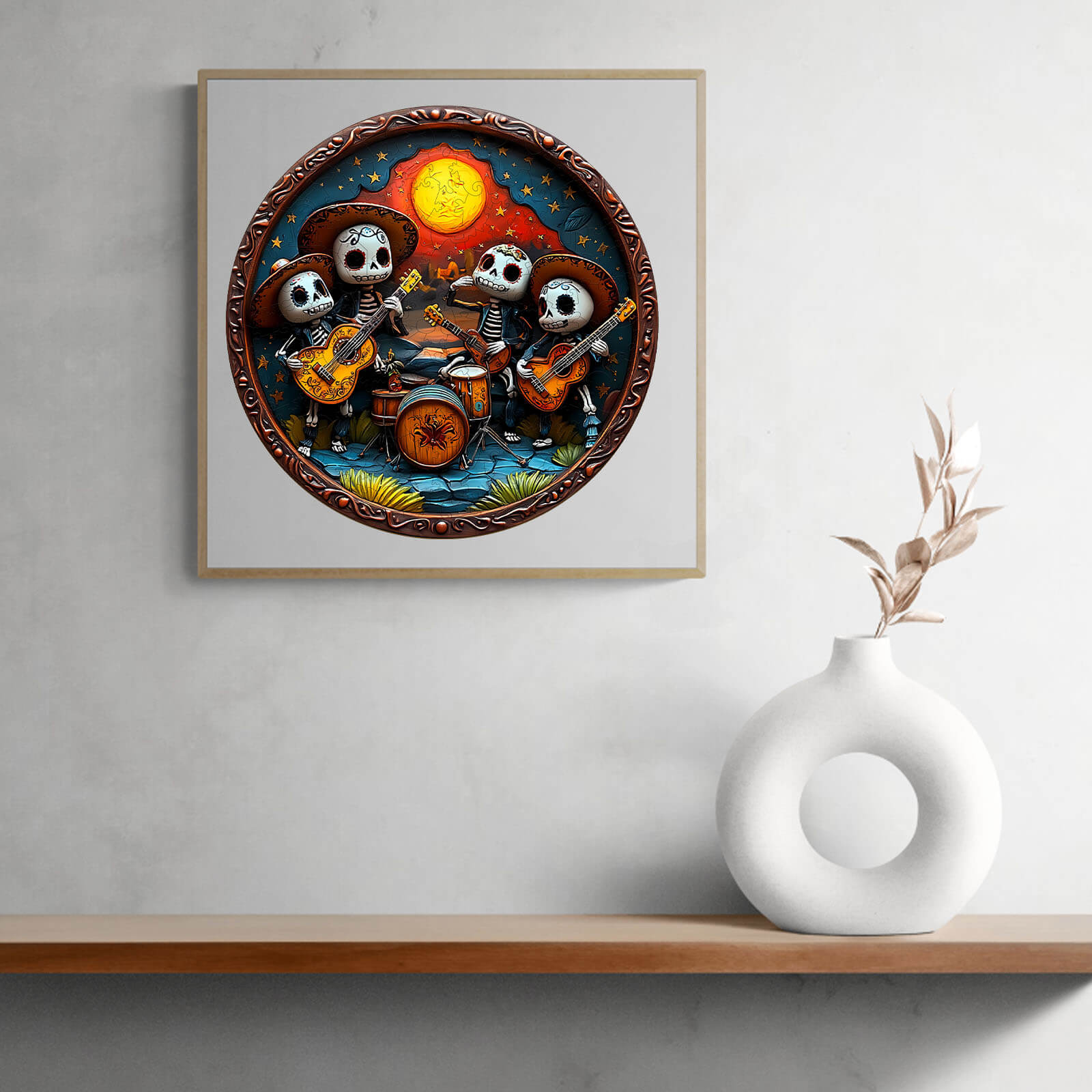 3D wooden jigsaw puzzle featuring skeleton musicians in vibrant colors, perfect for puzzle lovers and mind challenges.