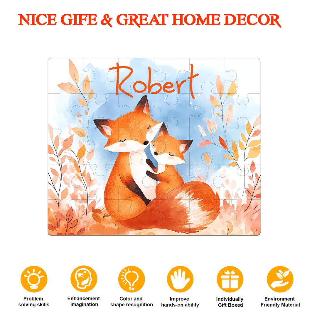 Fox Family - Children's Name Custom Wooden Jigsaw Puzzle