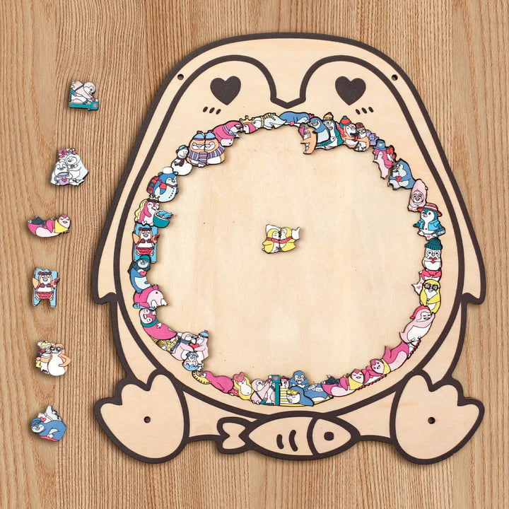 Cute Lover Penguin Shaped Wooden Jigsaw Puzzle