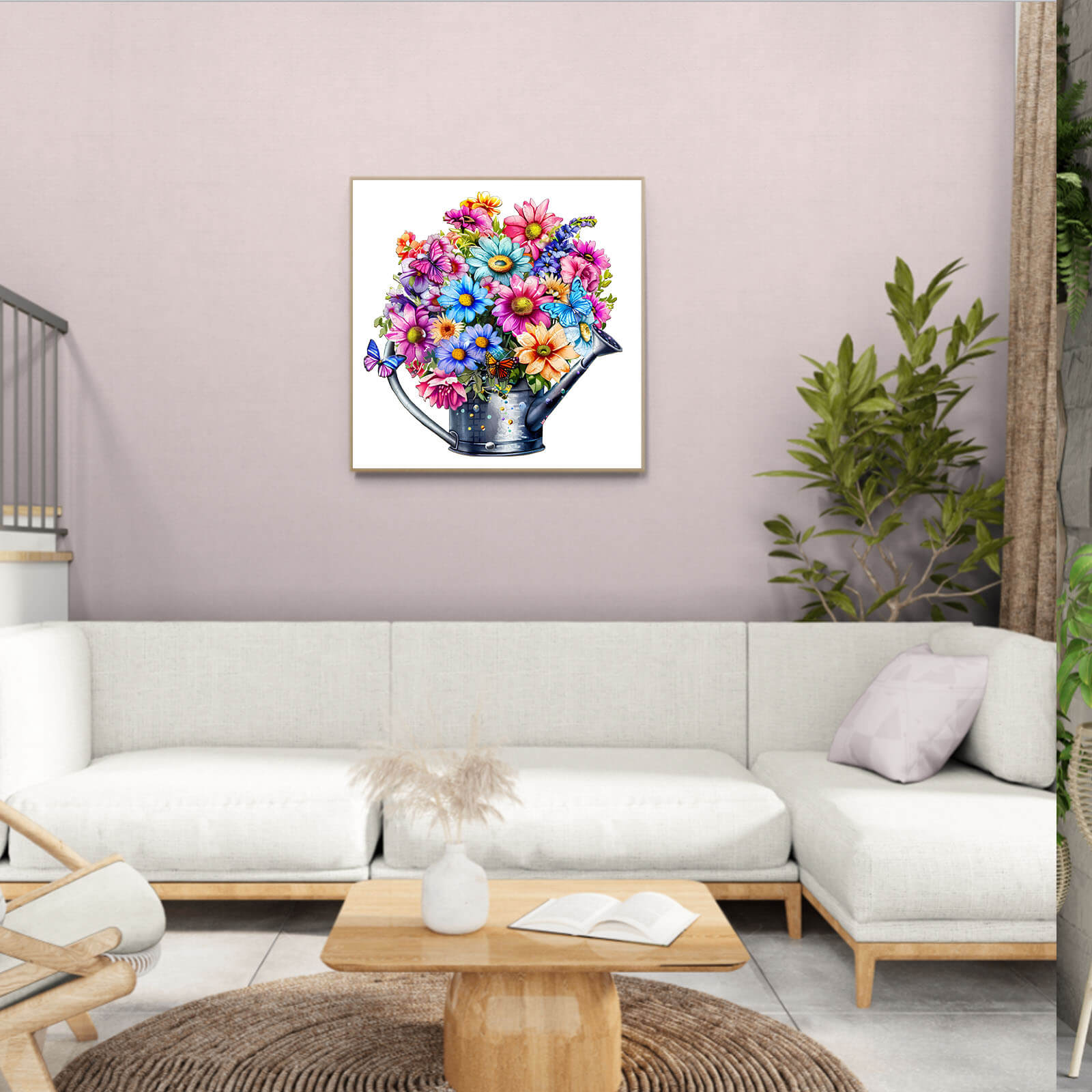 Colorful flower arrangement in a watering can, brightening up a modern living room decor.