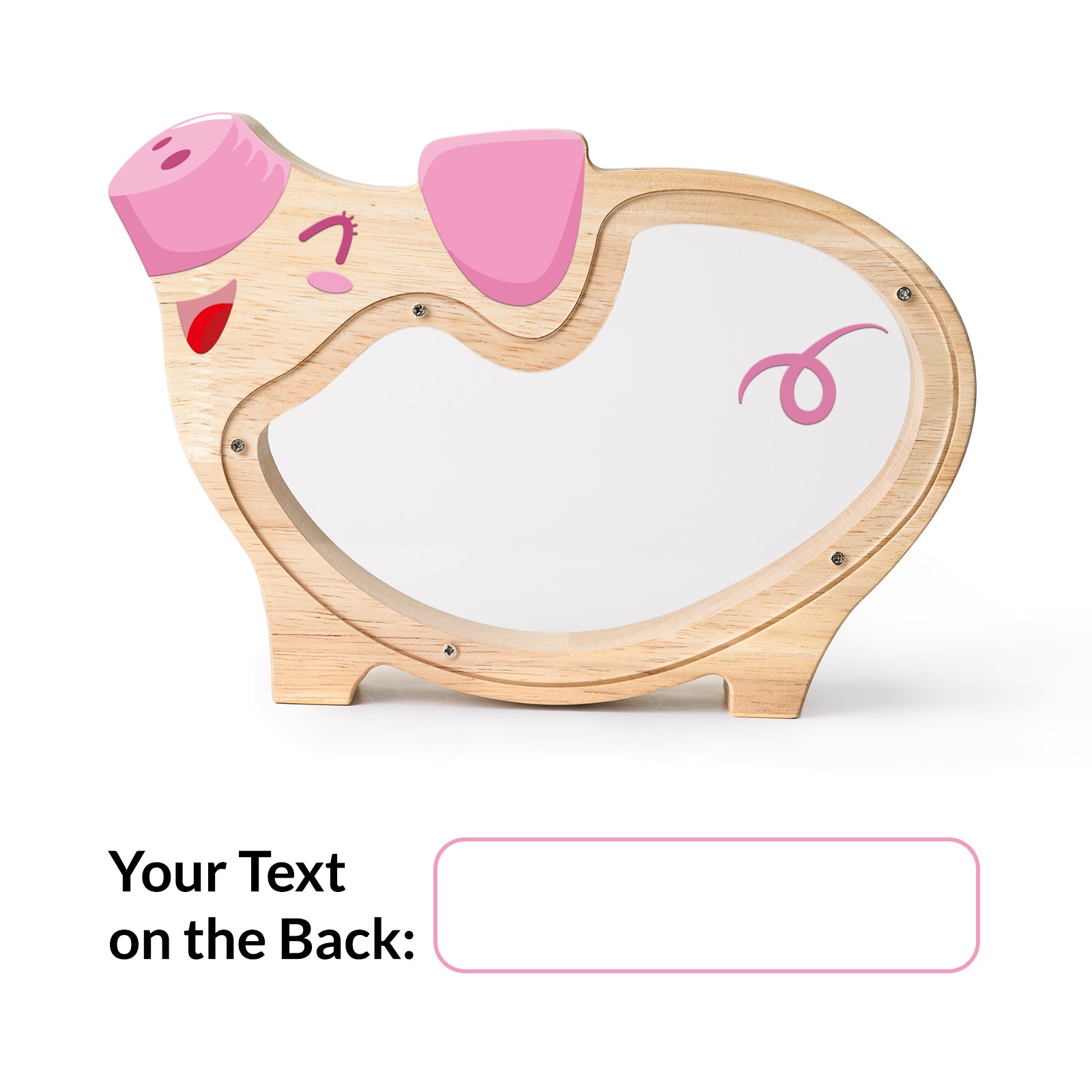 Personalized piggy bank for kids made of natural wood with clear acrylic, perfect for saving and learning.