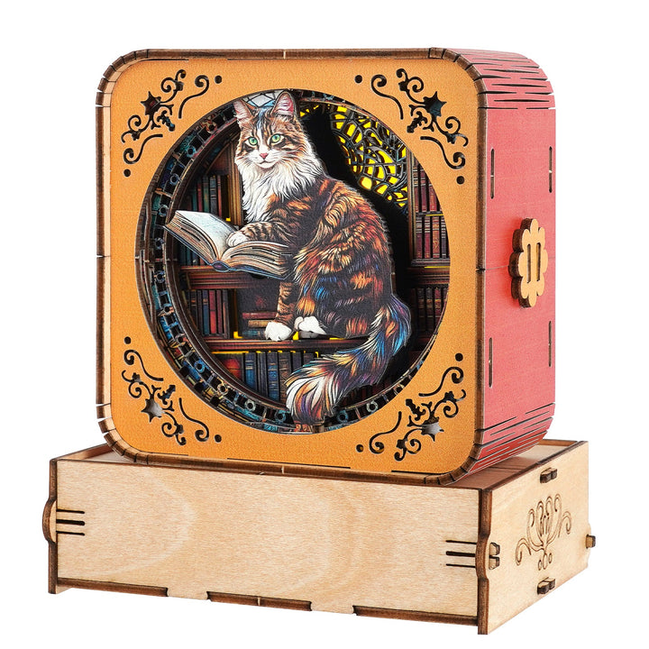 Maine Coon in the Library Kit - 3D Wooden Puzzle Night Light