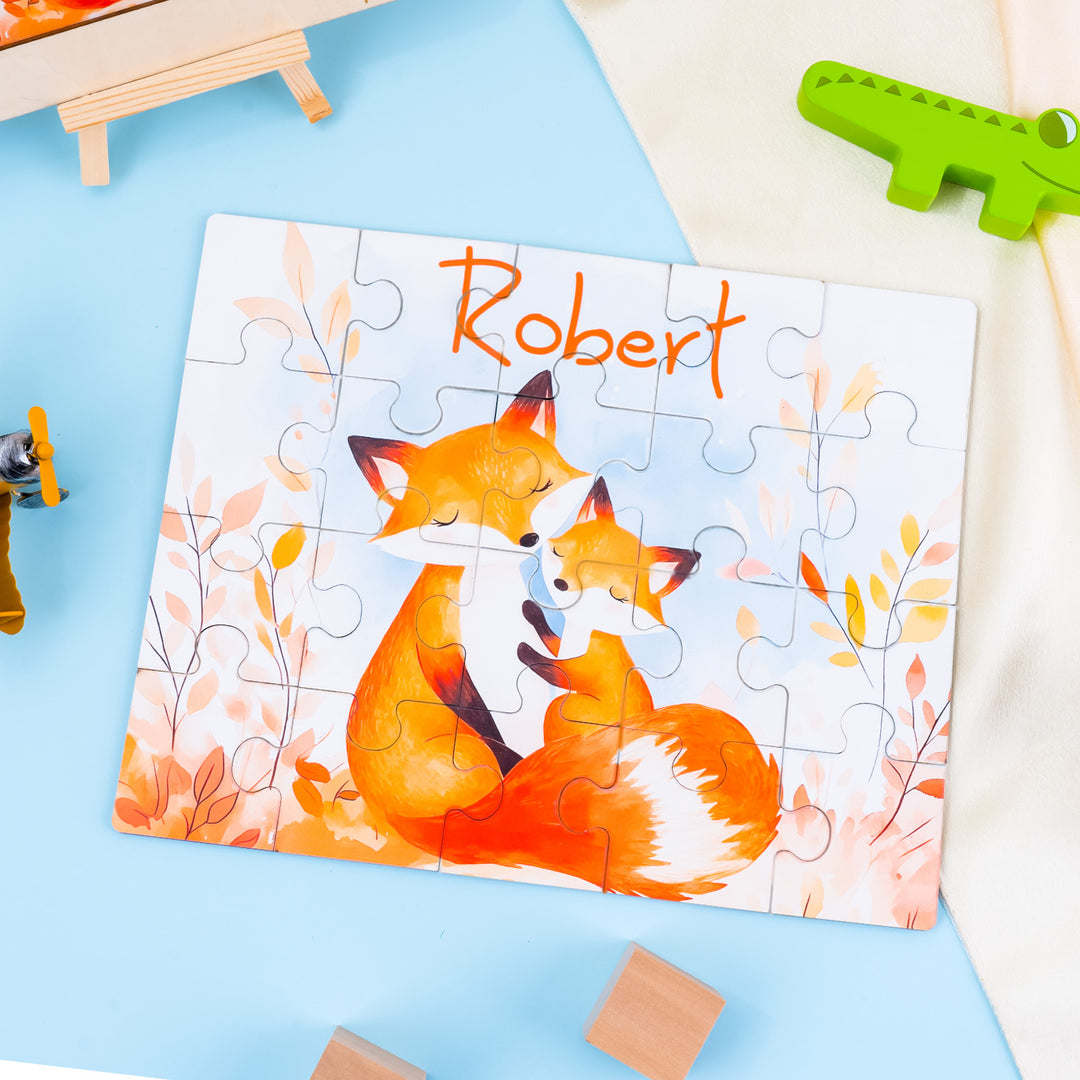 Fox Family - Children's Name Custom Wooden Jigsaw Puzzle