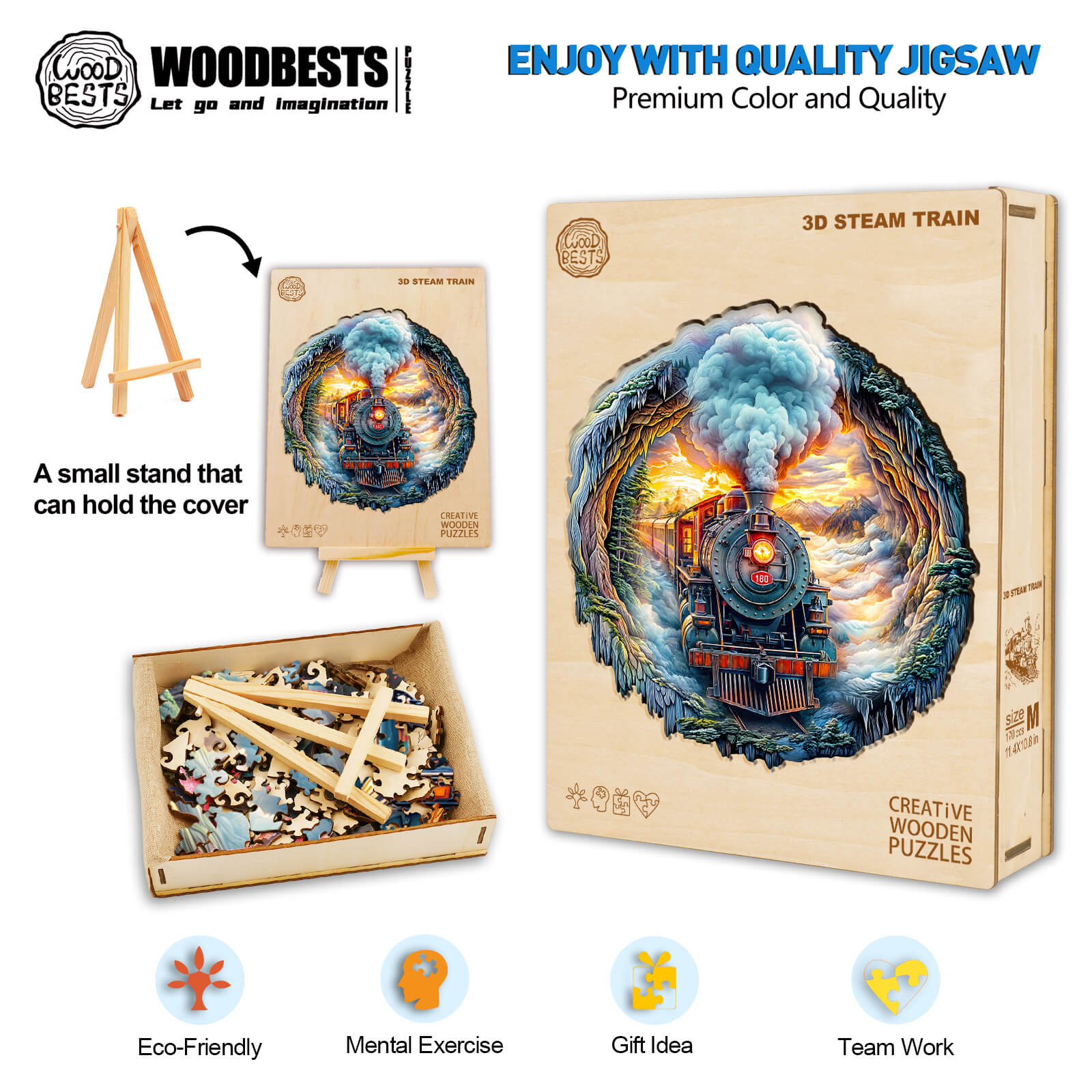 3D Steam Train wooden jigsaw puzzle set featuring colorful artwork, eco-friendly materials, and a focus on mental exercise.