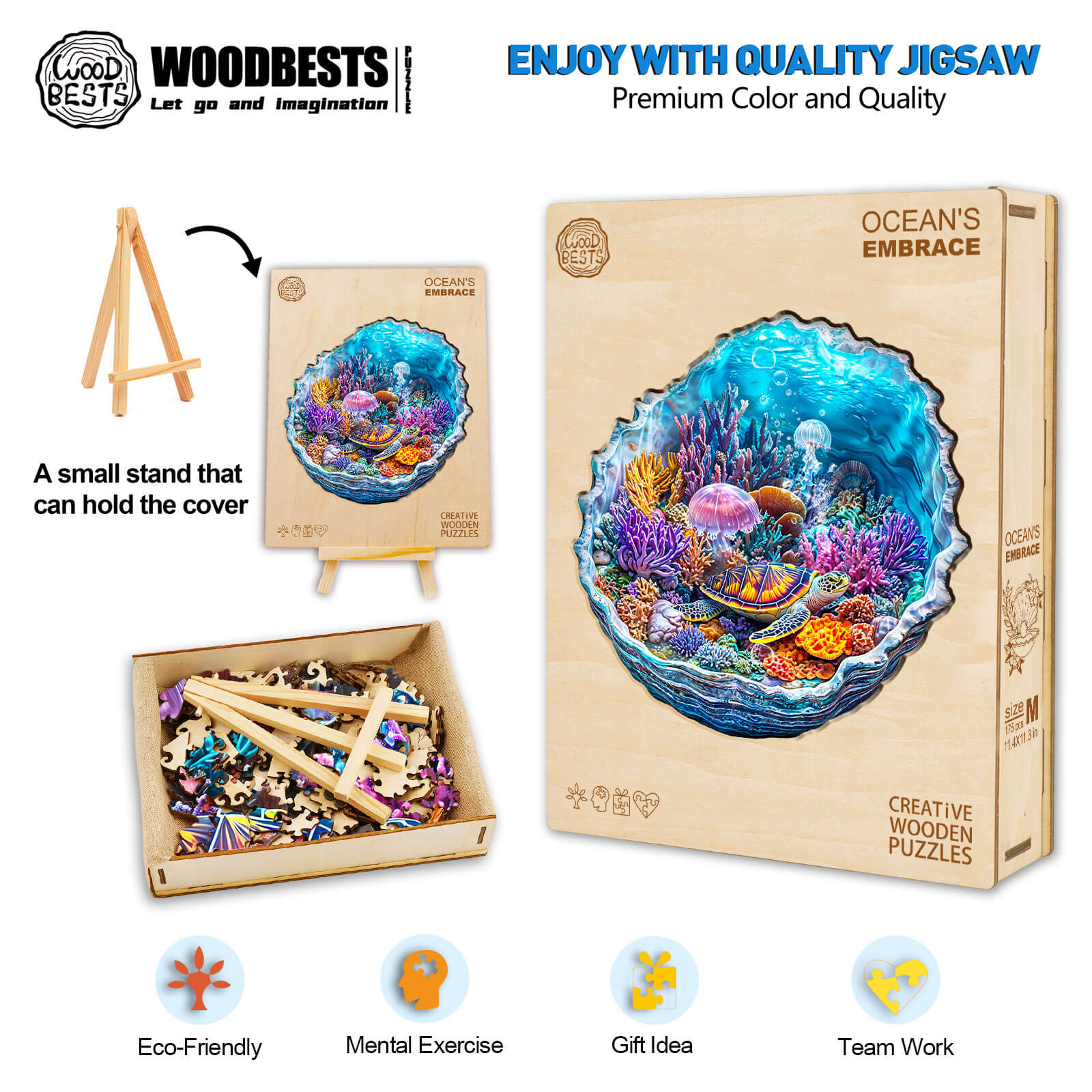 3D Ocean's Embrace wooden jigsaw puzzle with vibrant ocean scene and stand, ideal for mental exercise and eco-friendly fun.
