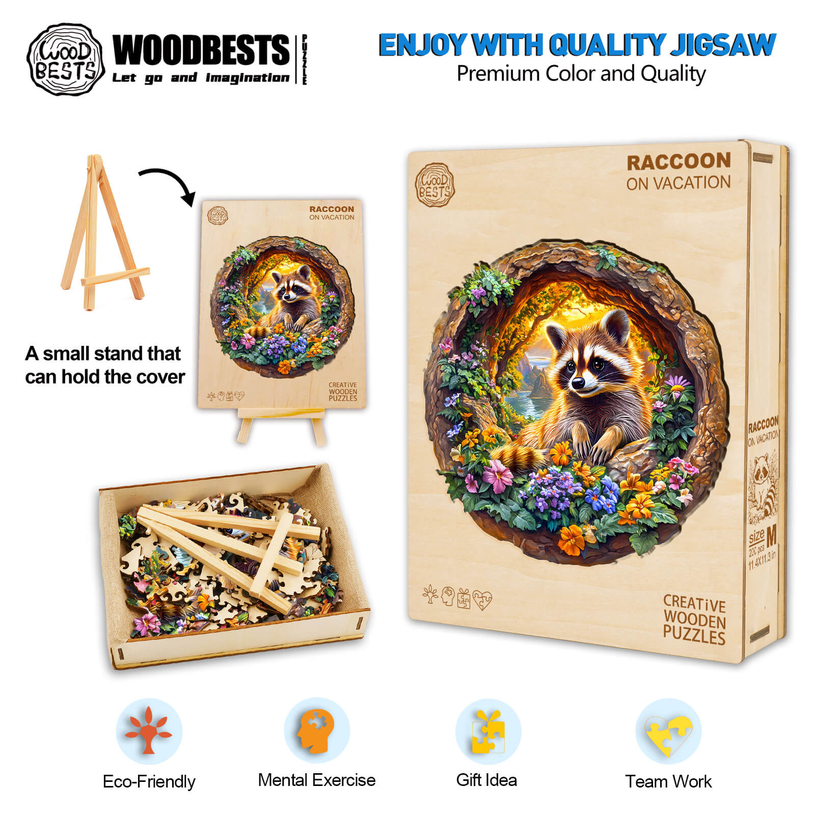 3D Raccoon on Vacation wooden jigsaw puzzle set with pieces, easel, and eco-friendly packaging for mental exercise.