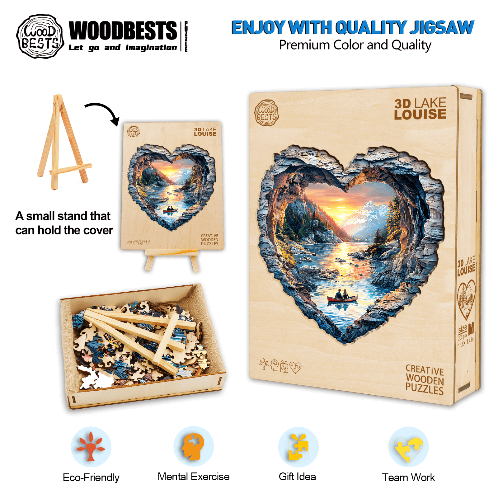 3D Lake Louise Wooden Jigsaw Puzzle set with pieces, stand, and colorful artwork for mental exercise and team building.