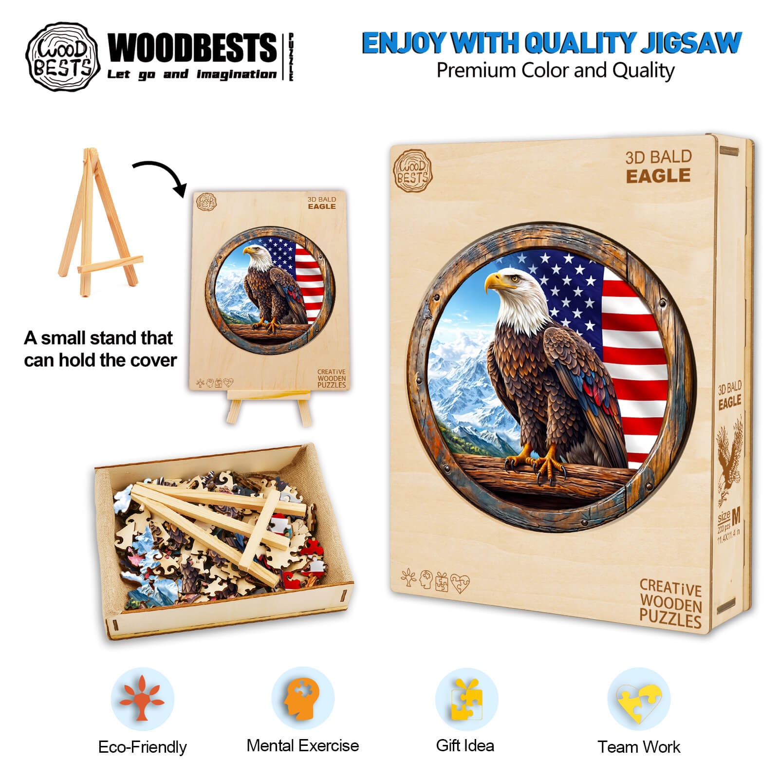 3D Bald Eagle Wooden Jigsaw Puzzle with colorful design, eco-friendly materials, perfect for mental exercise and teamwork.