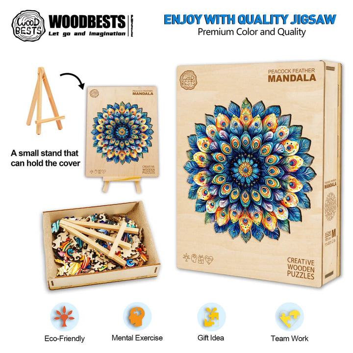 Peacock Feather Mandala Wooden Jigsaw Puzzle