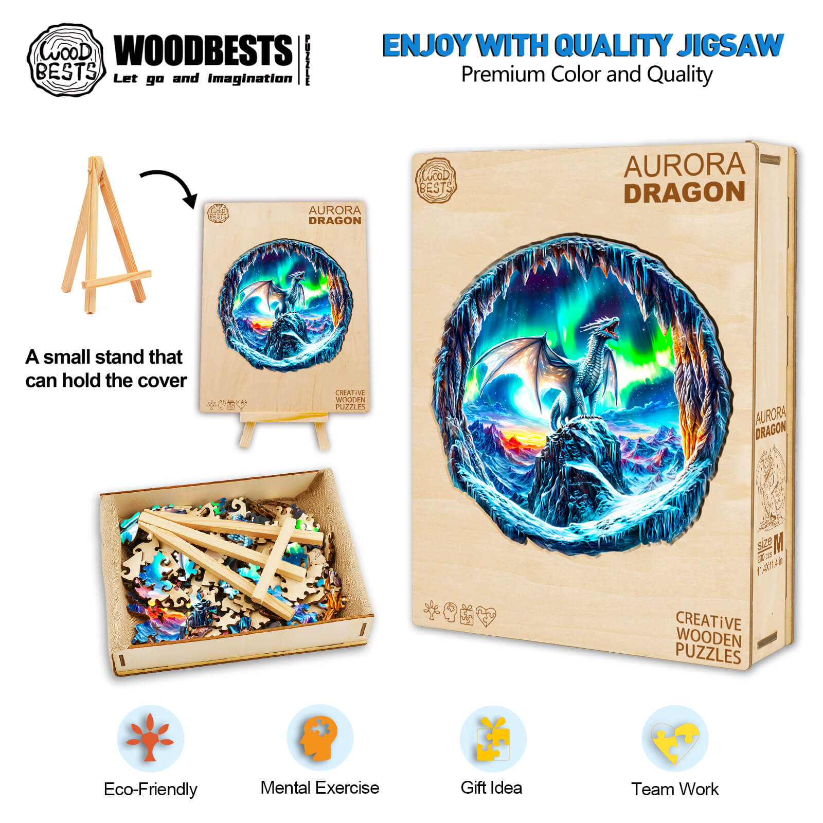3D Aurora Dragon wooden puzzle box with cover art and eco-friendly pieces, perfect for gifts and teamwork.