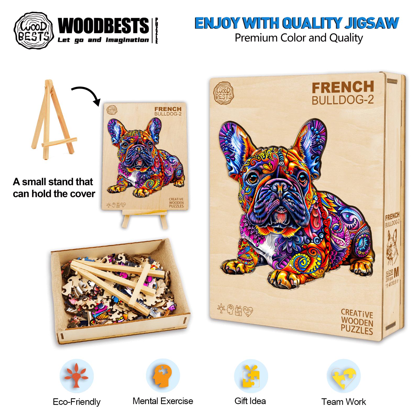 French Bulldog-2 wooden jigsaw puzzle with colorful design, eco-friendly materials, promoting mental exercise and teamwork.