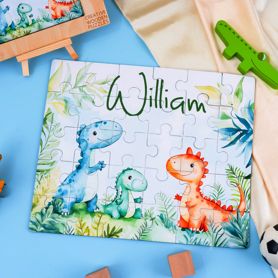 Dinosaur Family - Children's Name Custom Wooden Jigsaw Puzzle