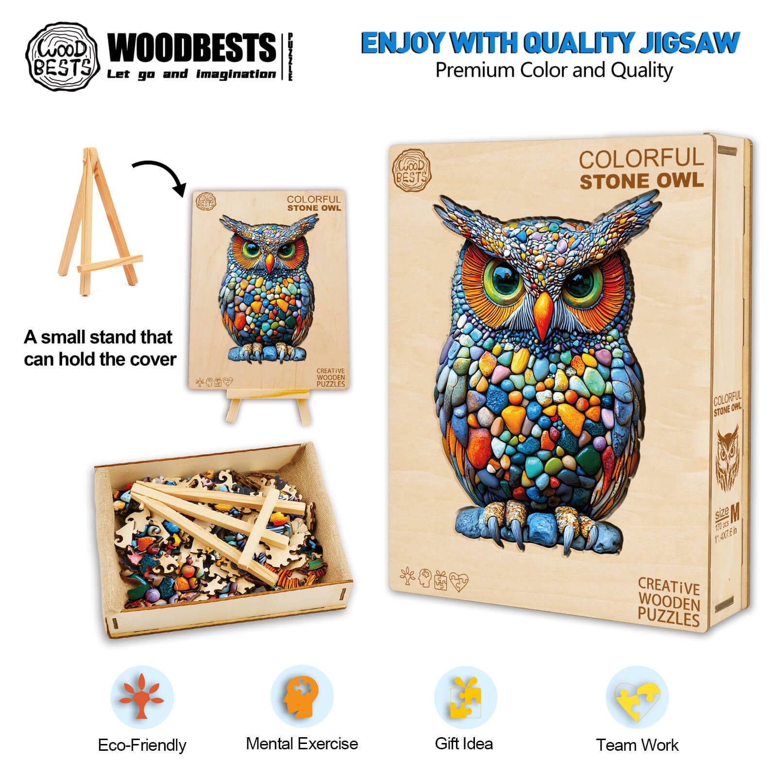 Colorful Stone Owl wooden jigsaw puzzle, designed for mental exercise and focused fun, with eco-friendly materials.