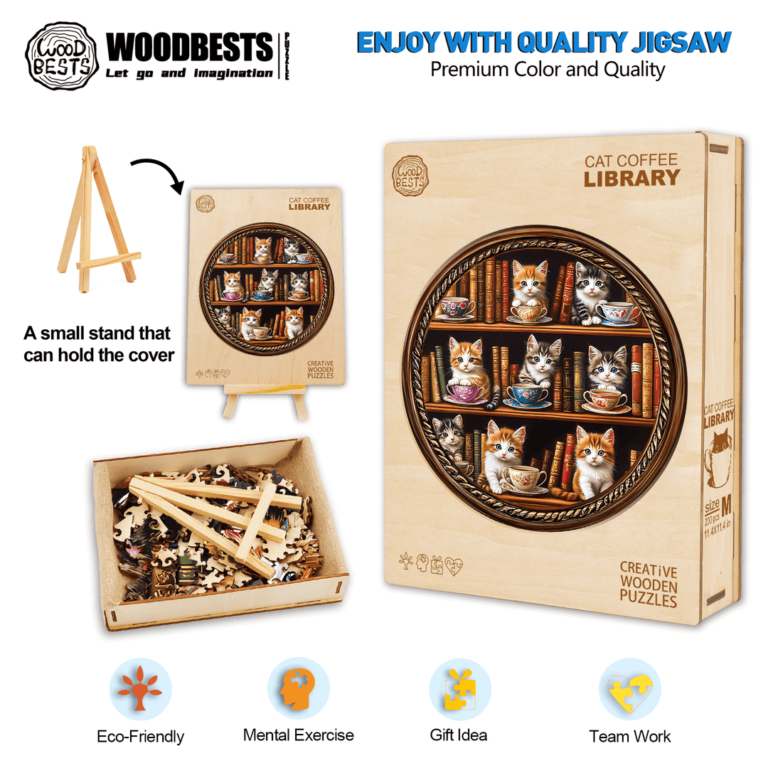 Cat Coffee Library Wooden Jigsaw Puzzle