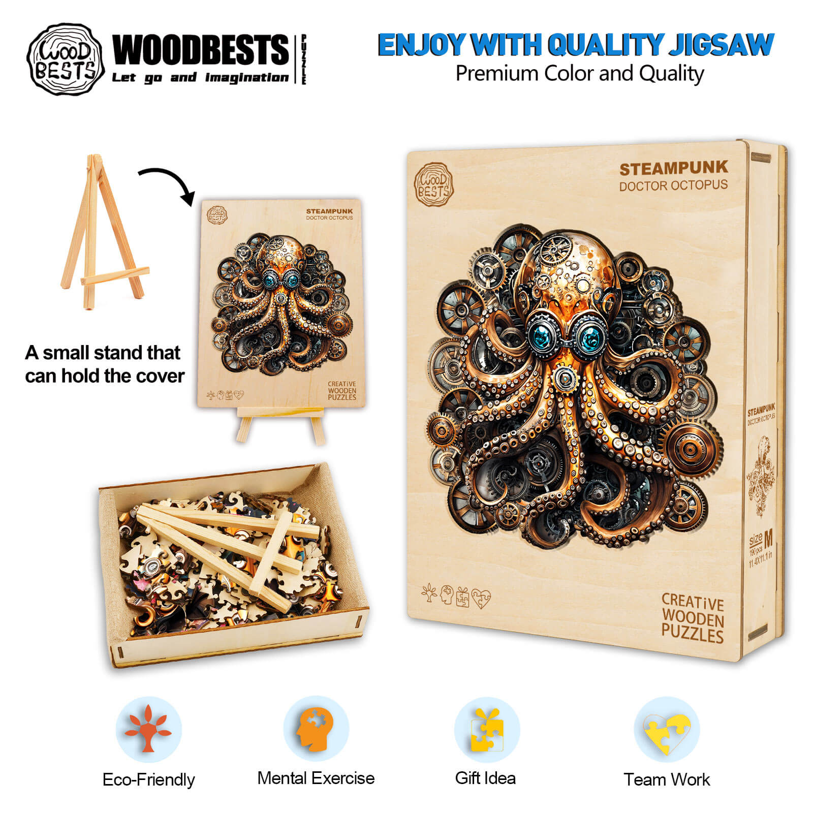 Steampunk Doctor Octopus wooden jigsaw puzzle with quality design, eco-friendly materials, perfect for mental exercises and gifts.