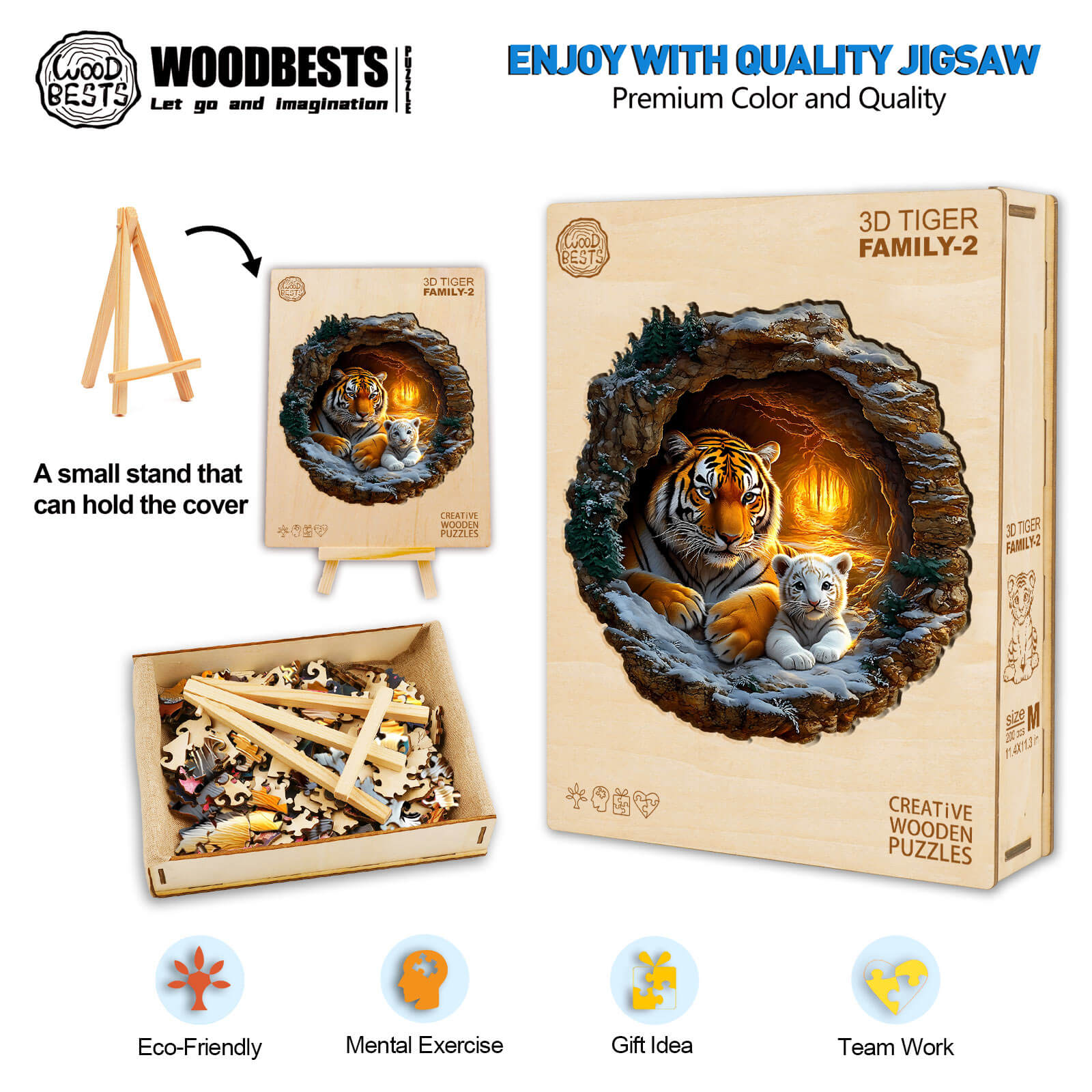 3D Tiger Family-2 wooden jigsaw puzzle, featuring vibrant colors and eco-friendly materials, perfect for mental exercise and teamwork.