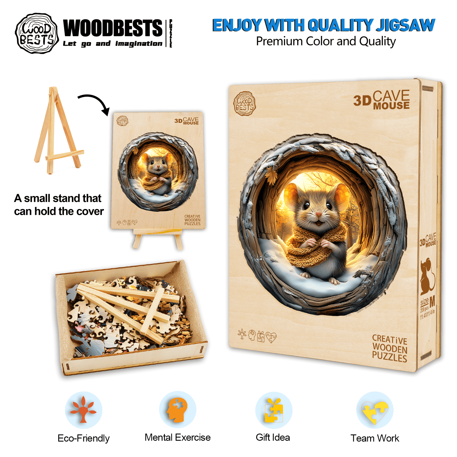 3D Cave Mouse wooden jigsaw puzzle with eco-friendly materials, promoting mental exercise and teamwork. Ideal gift idea.
