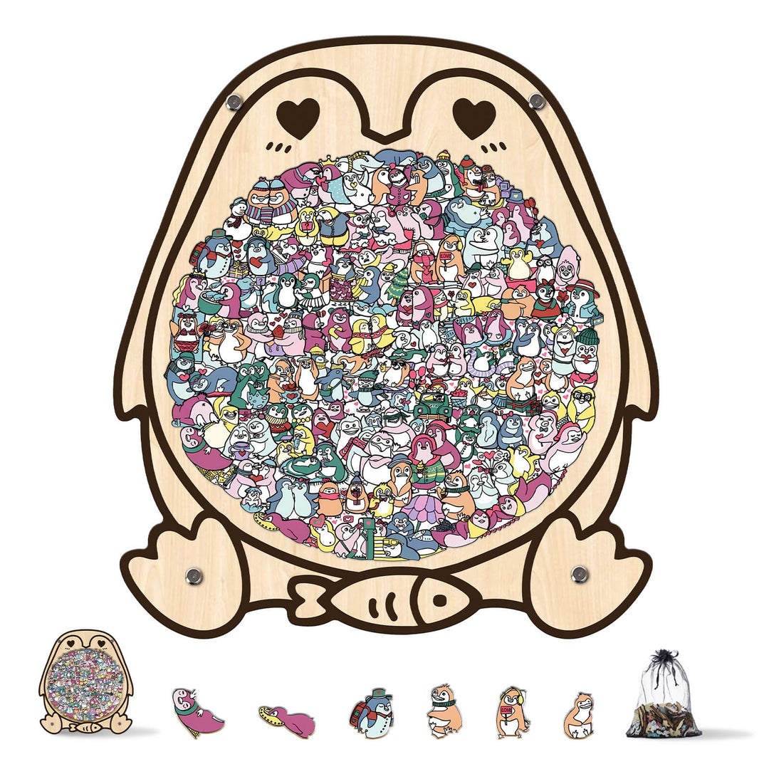 Cute Lover Penguin Shaped Wooden Jigsaw Puzzle