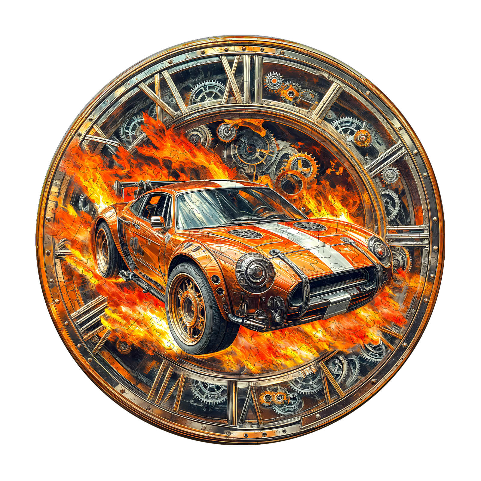 Vibrant wooden jigsaw puzzle featuring a blazing speed racing car amidst flames and gears, perfect for puzzle enthusiasts.