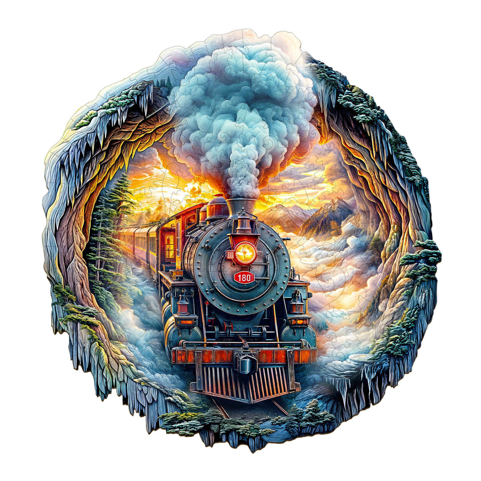 3D Steam Train Wooden Jigsaw Puzzle featuring a vibrant locomotive emerging through a scenic landscape.