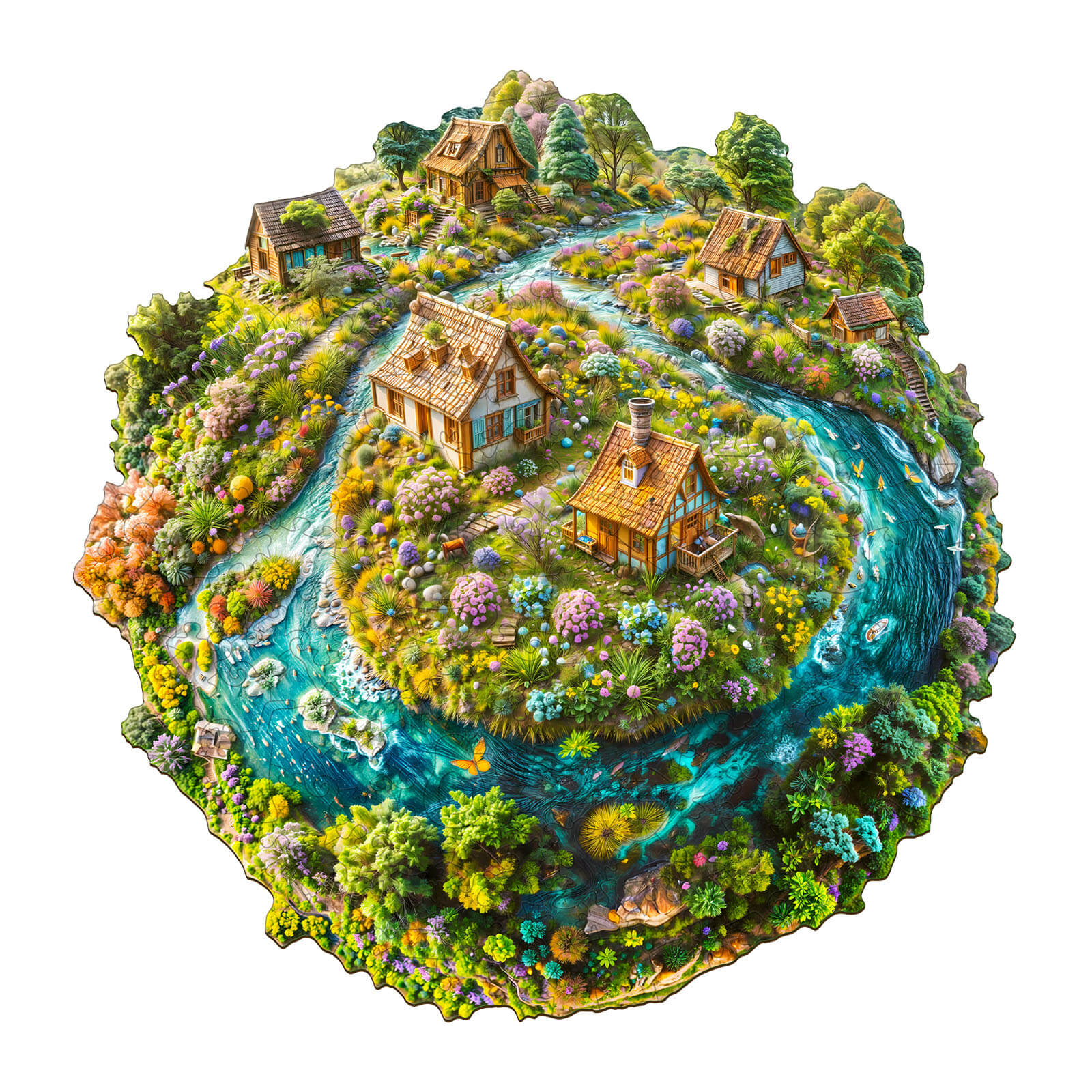 Colorful Sustainable Earth wooden jigsaw puzzle featuring idyllic houses, vibrant nature, and flowing river.