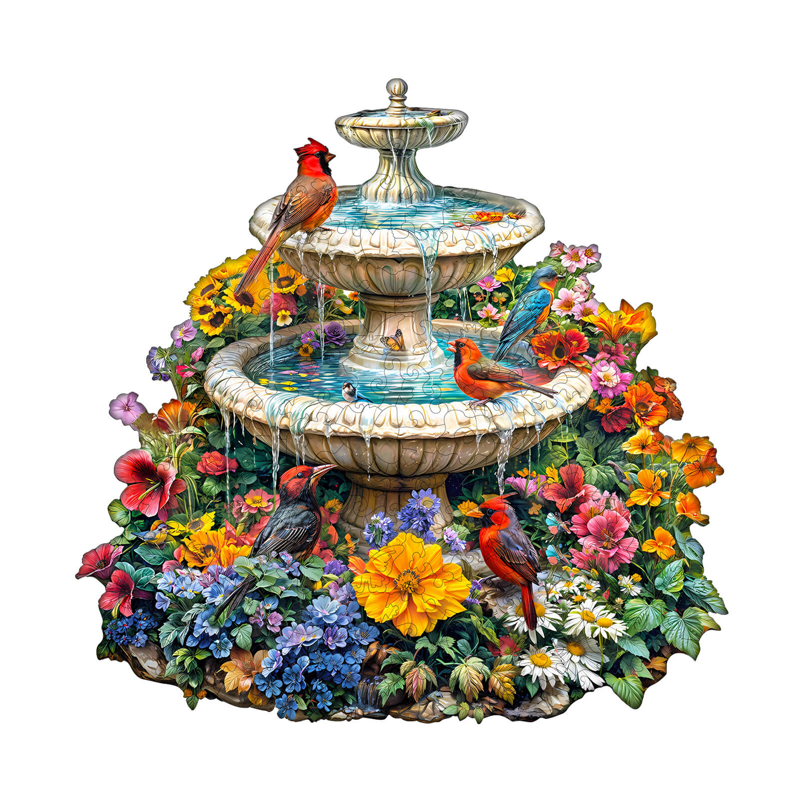 Colorful Garden Melody jigsaw puzzle featuring a fountain surrounded by vibrant flowers and birds, perfect for puzzle enthusiasts.