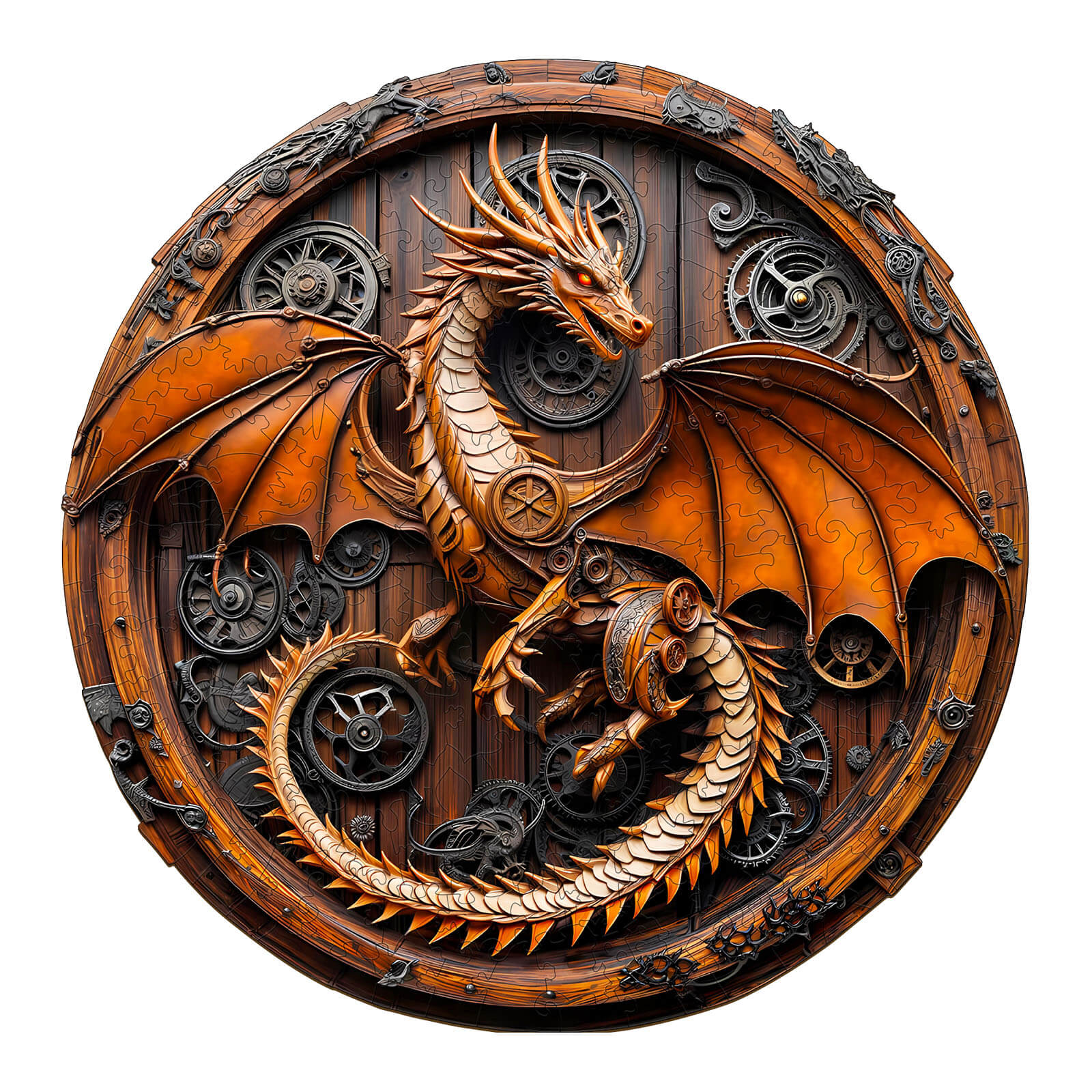3D Mechanical Dragon-1 wooden jigsaw puzzle featuring intricate dragon design and gears, ideal for focused puzzle solving.