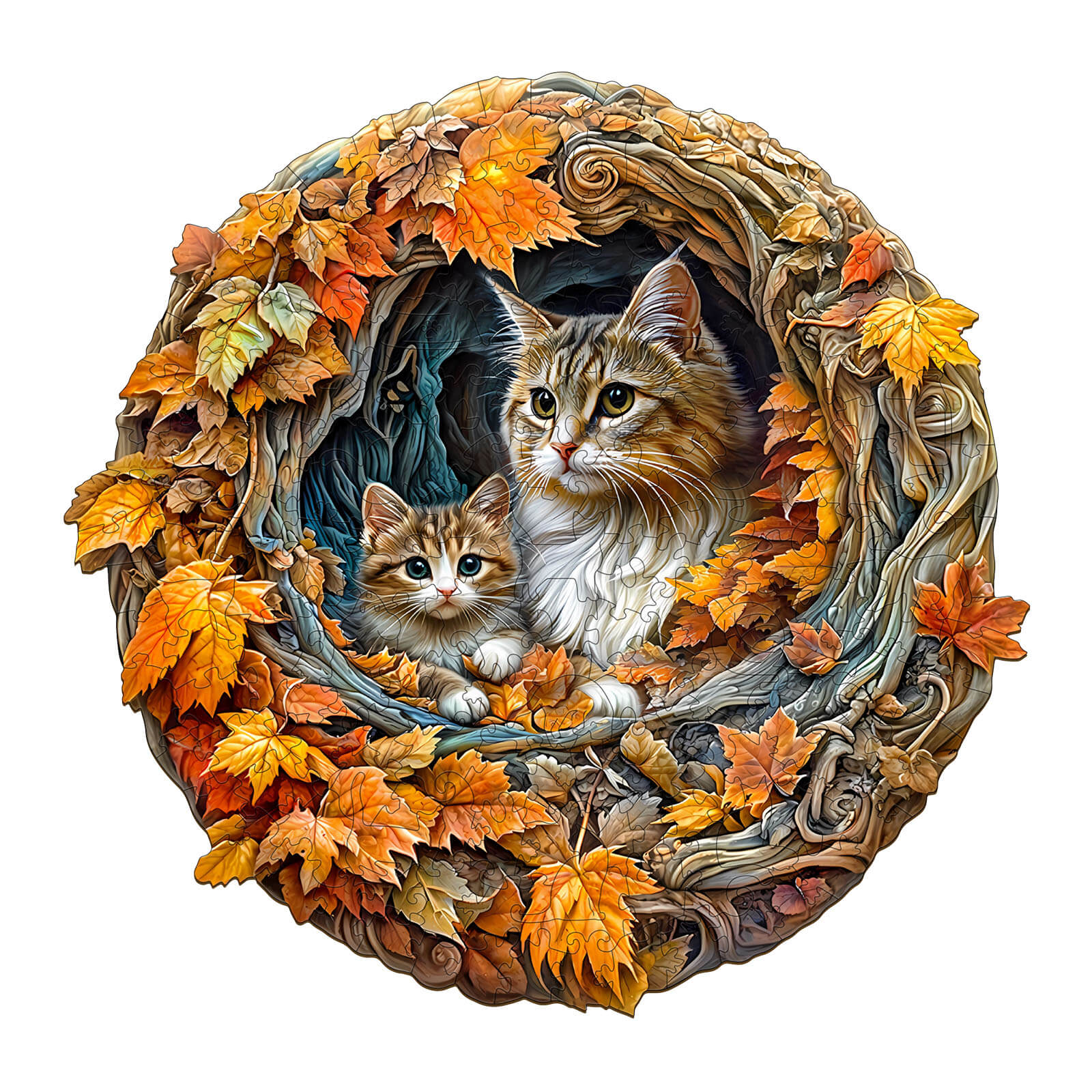 3D cat mom jigsaw puzzle featuring two cats surrounded by autumn leaves in a nest design, perfect for mind games.