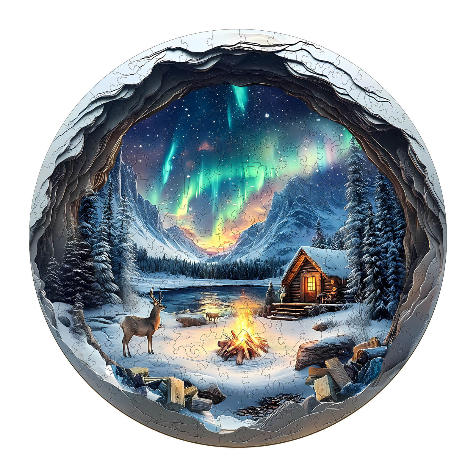 3D Aurora World Wooden Jigsaw Puzzle featuring Northern Lights over snowy landscape and cabin.