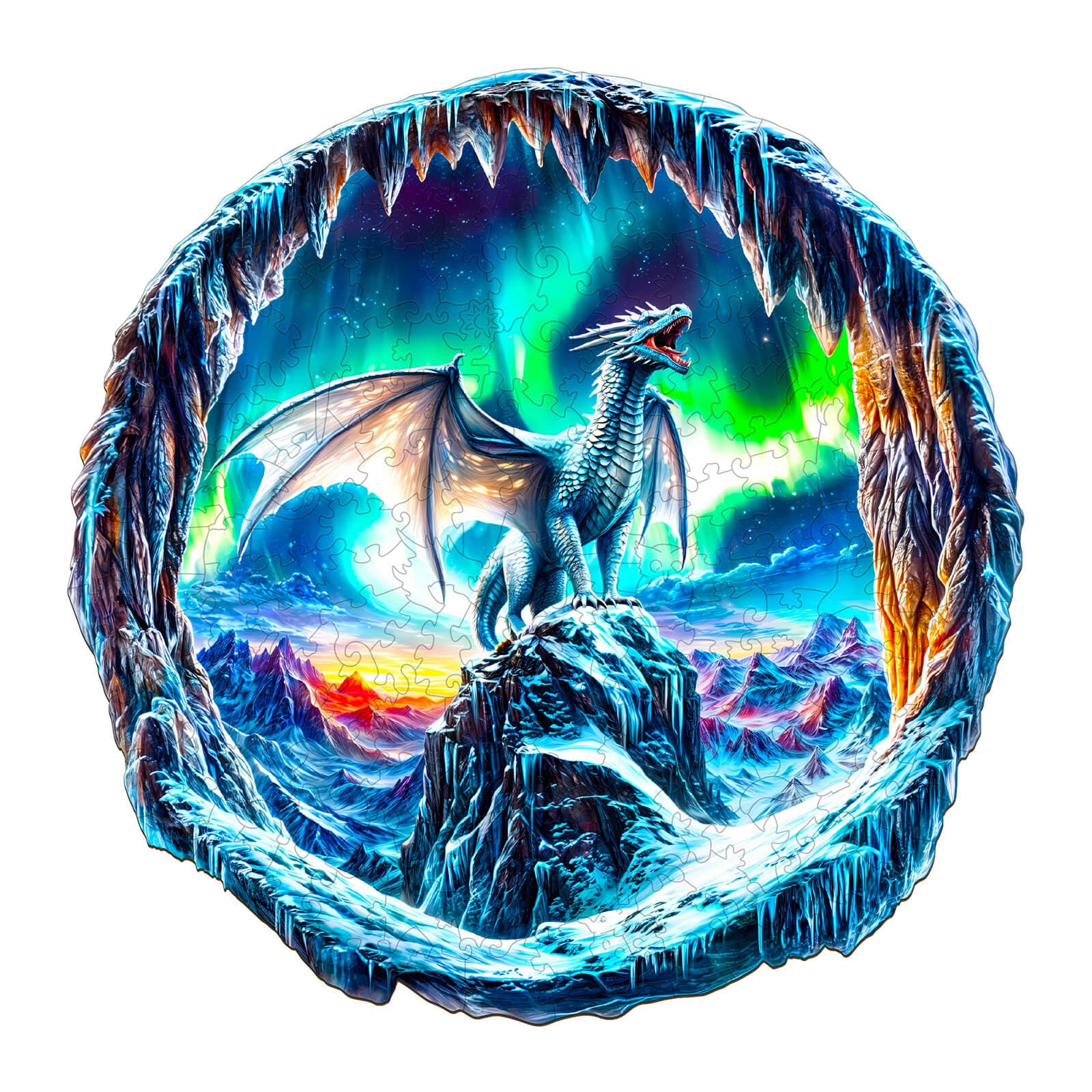 3D wooden jigsaw puzzle featuring a frost dragon under the aurora borealis, showcasing vibrant colors and icy landscapes.