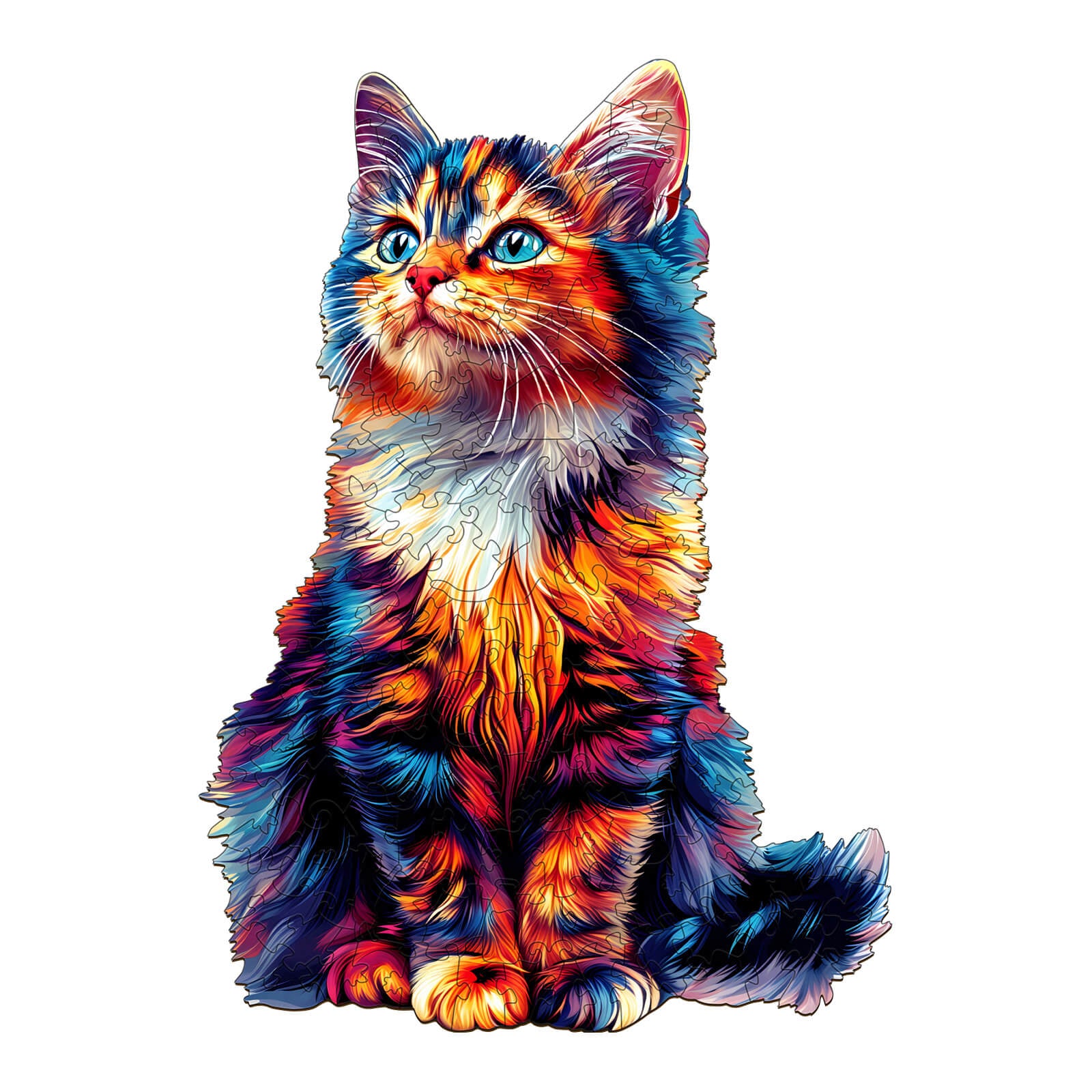 Colorful artistic illustration of a fluffy cat with vibrant fur and blue eyes, exuding charm and playfulness.