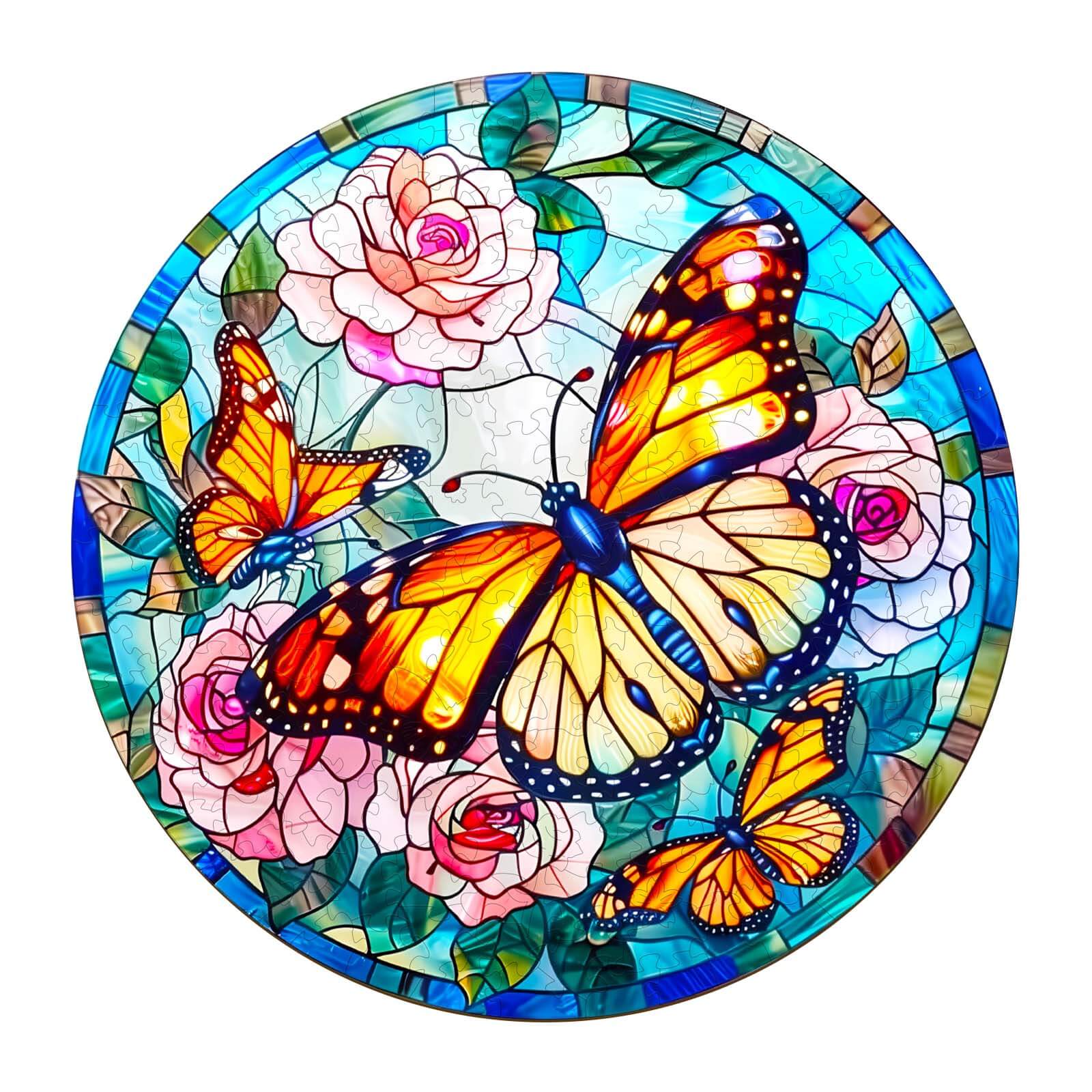 Stained Glass Butterfly Jigsaw Puzzle featuring colorful butterflies and roses, perfect for focus and brain training.