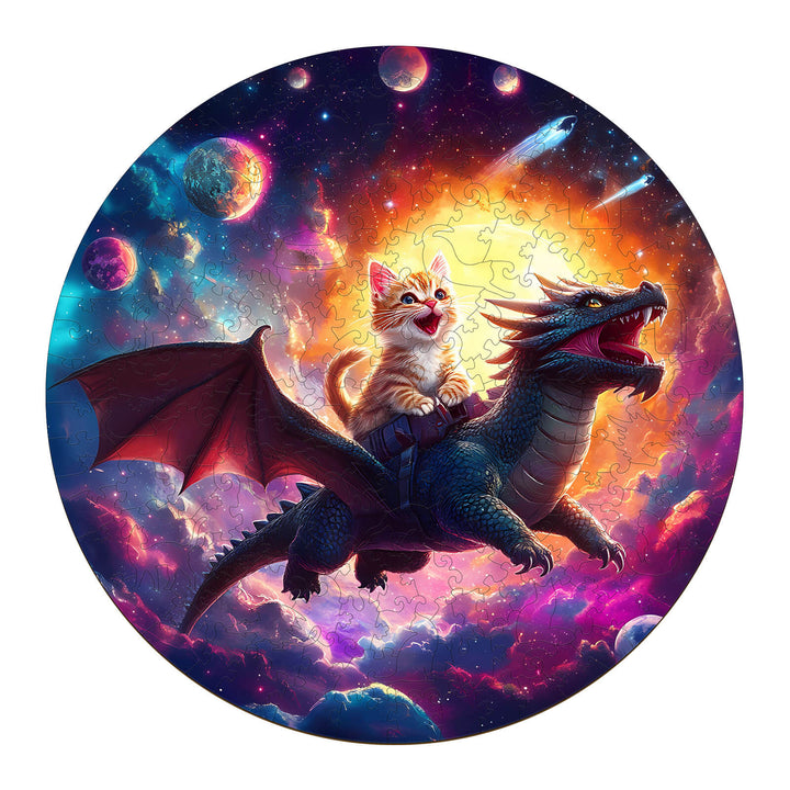 Colorful kitten riding dragon puzzle in space