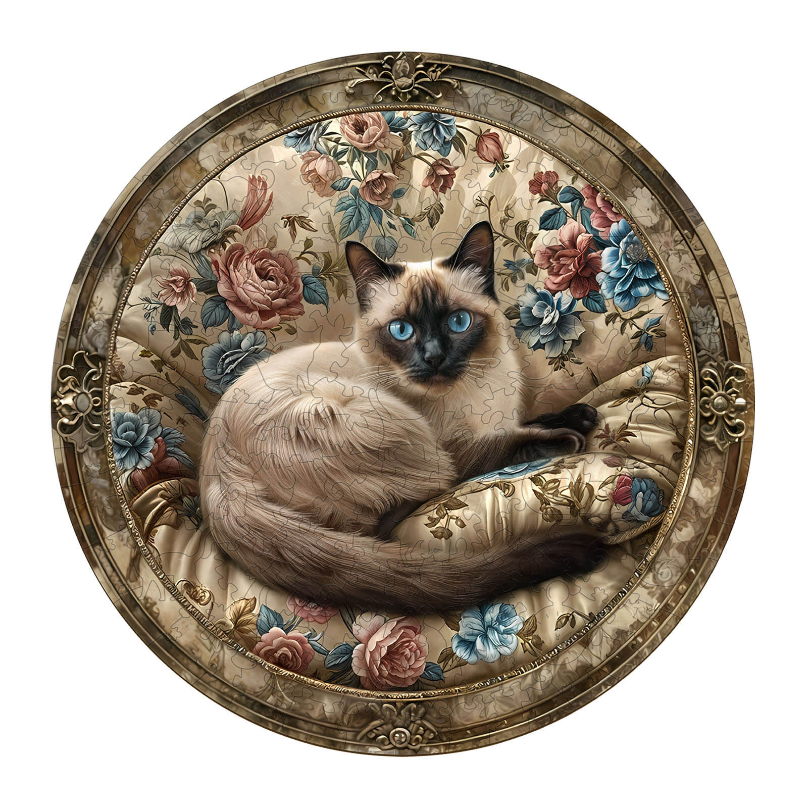 Vintage Siamese cat puzzle featuring intricate floral design, perfect for mind games and puzzle enthusiasts.